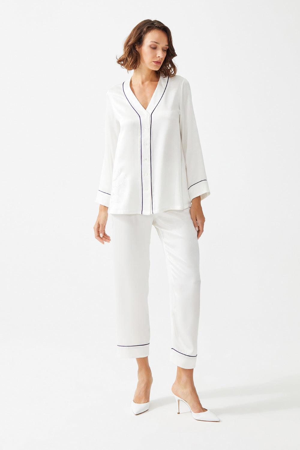 Eolande Trimmed Rayon and Buttoned Long Sleeve Pyjama Set