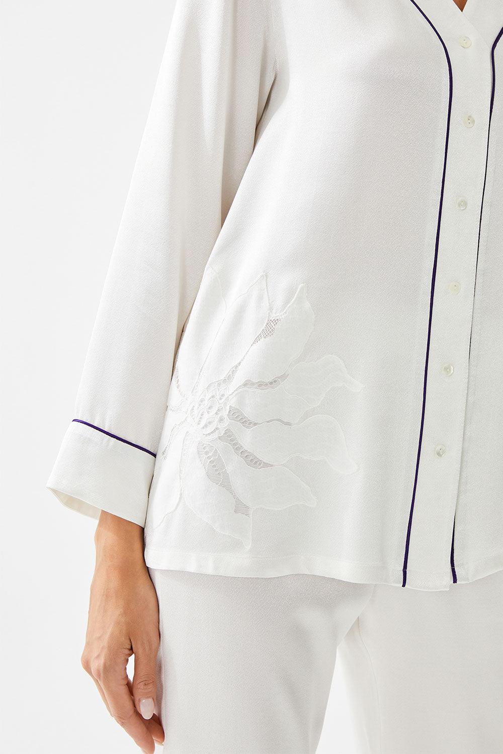 Eolande Trimmed Rayon and Buttoned Long Sleeve Pyjama Set