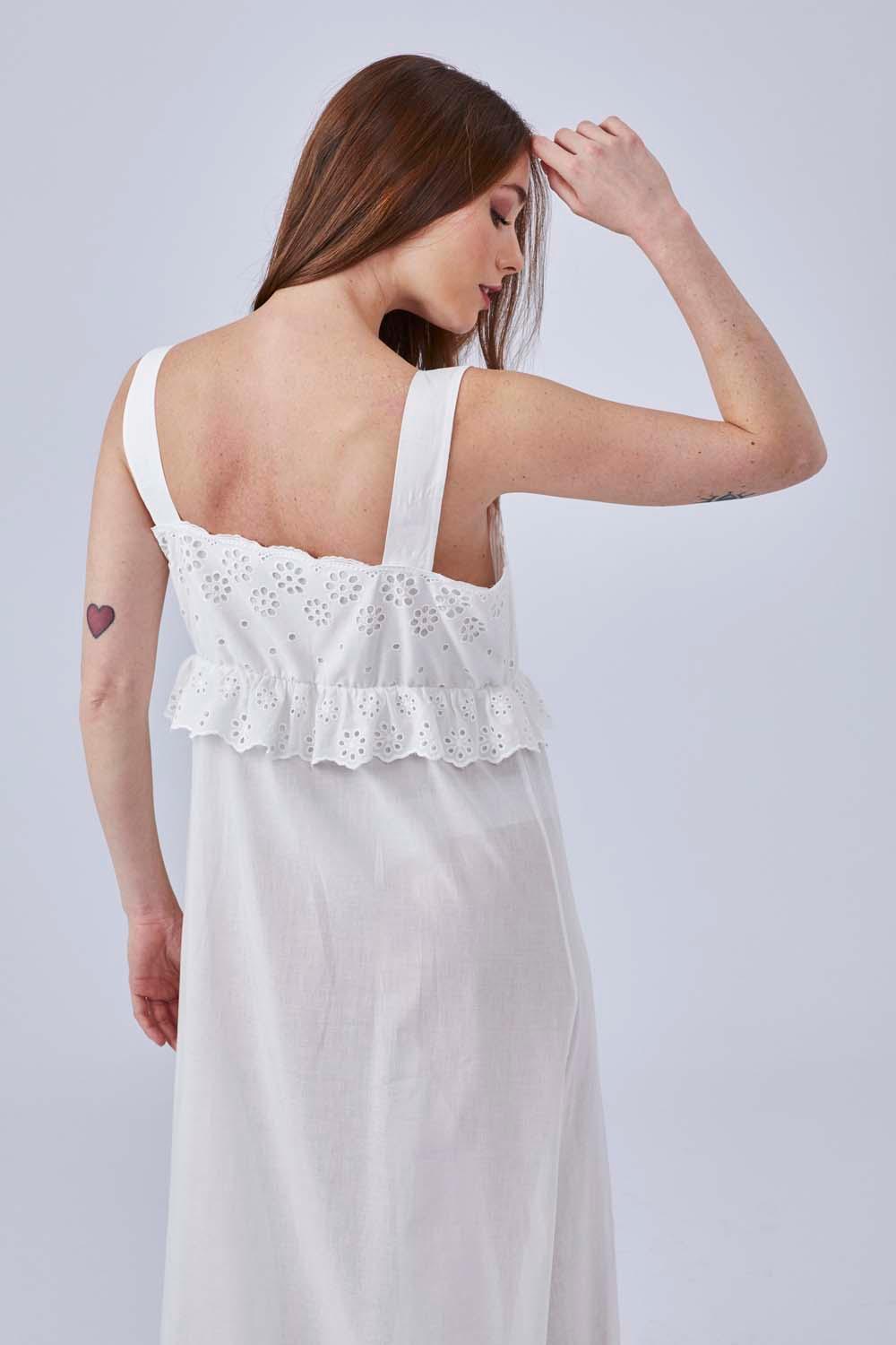 Eos - Long Cotton Buttoned Nightgown - Off White - Bocan