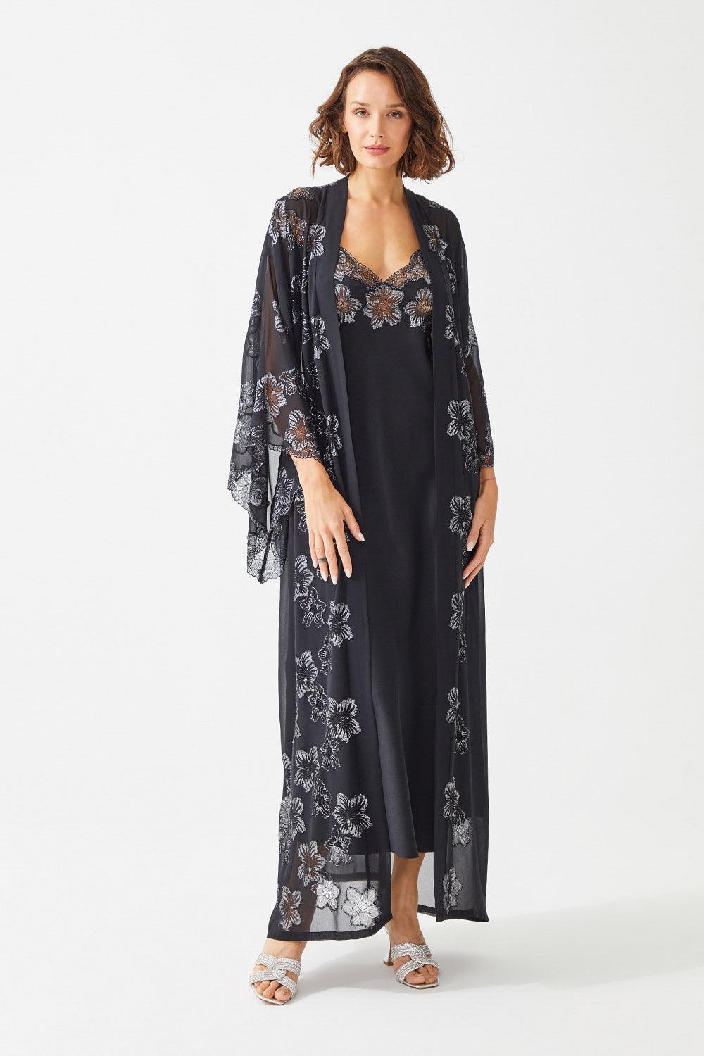 Eshita Long Silk Chiffon Emboridered with Lace Kimono Set -Black - Bocan