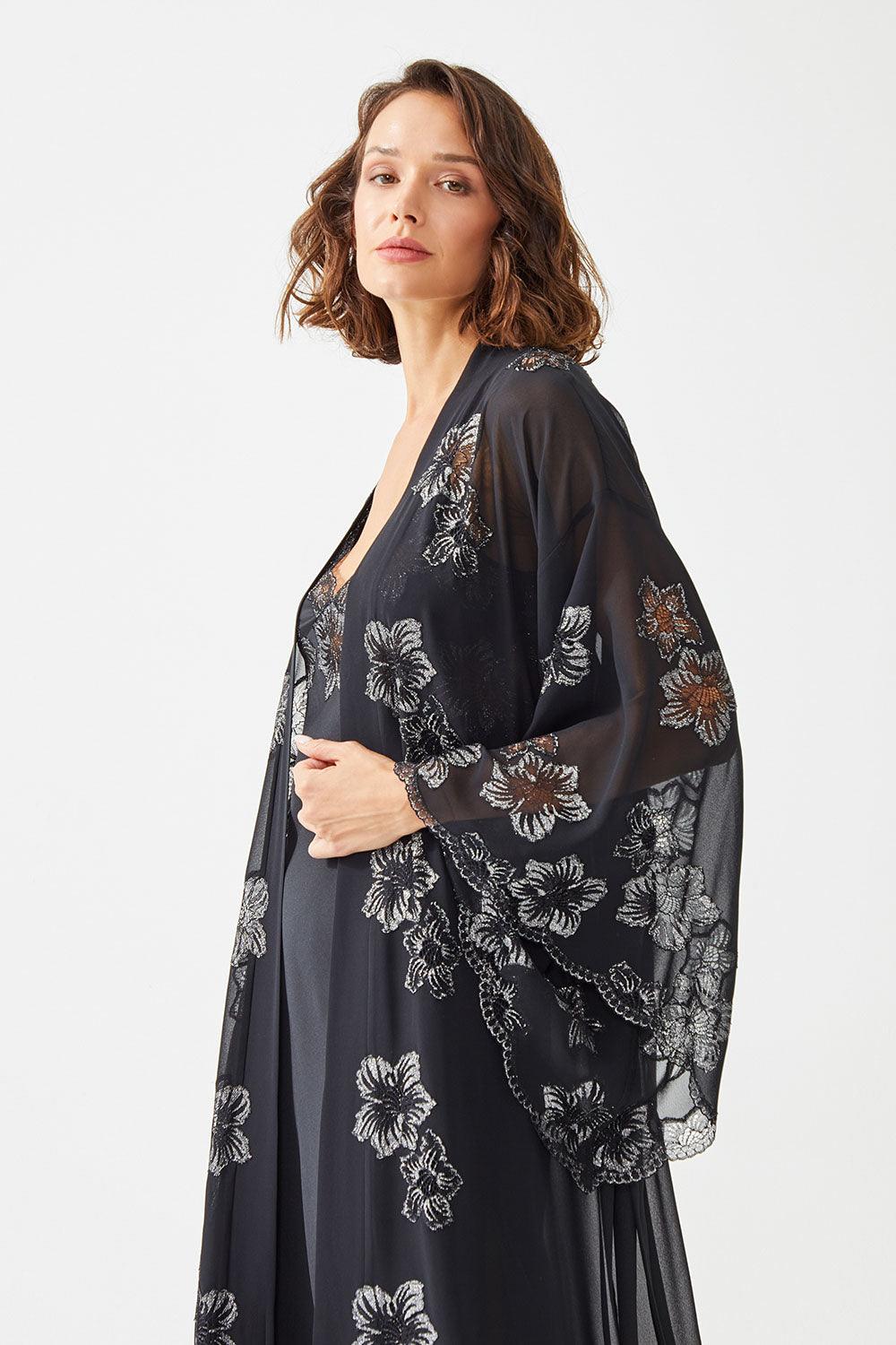 Eshita Long Silk Chiffon Emboridered with Lace Kimono Set -Black - Bocan