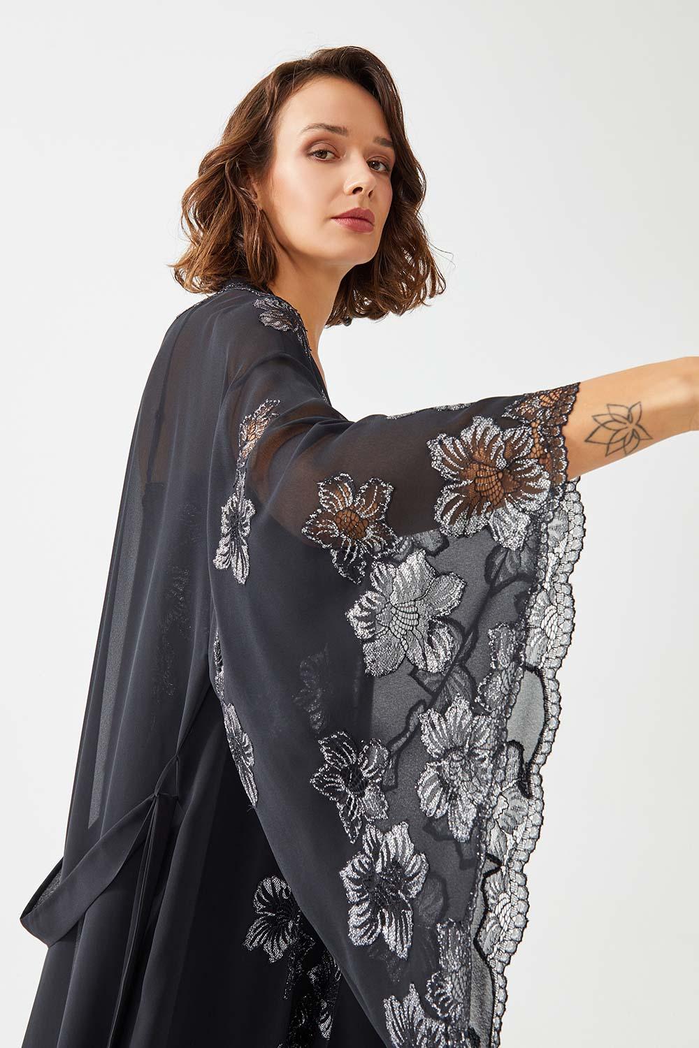 Eshita Long Silk Chiffon Emboridered with Lace Kimono Set -Black - Bocan
