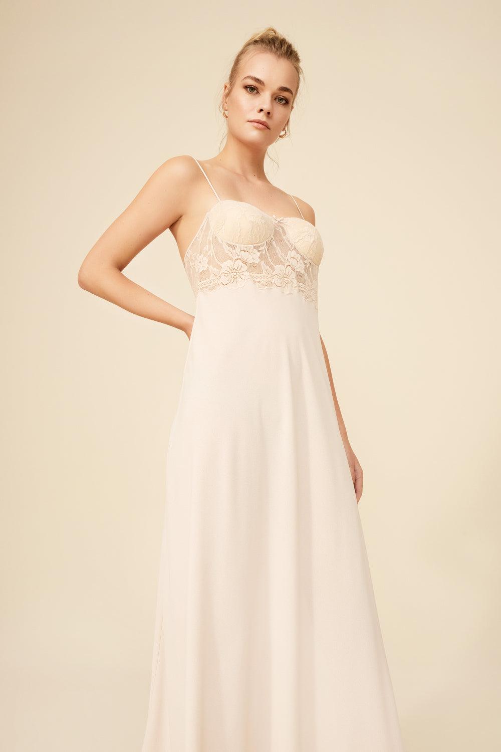 Frankie - Long Silk Crepe Nightgown - Sand - Bocan