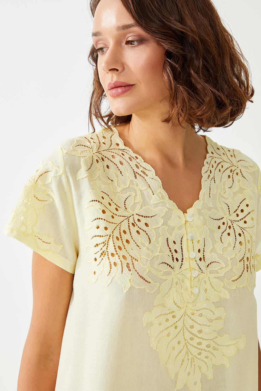 Freesia Long Cotton Voile Trimmed Half Sleeve Dress - Baby Yellow - Bocan
