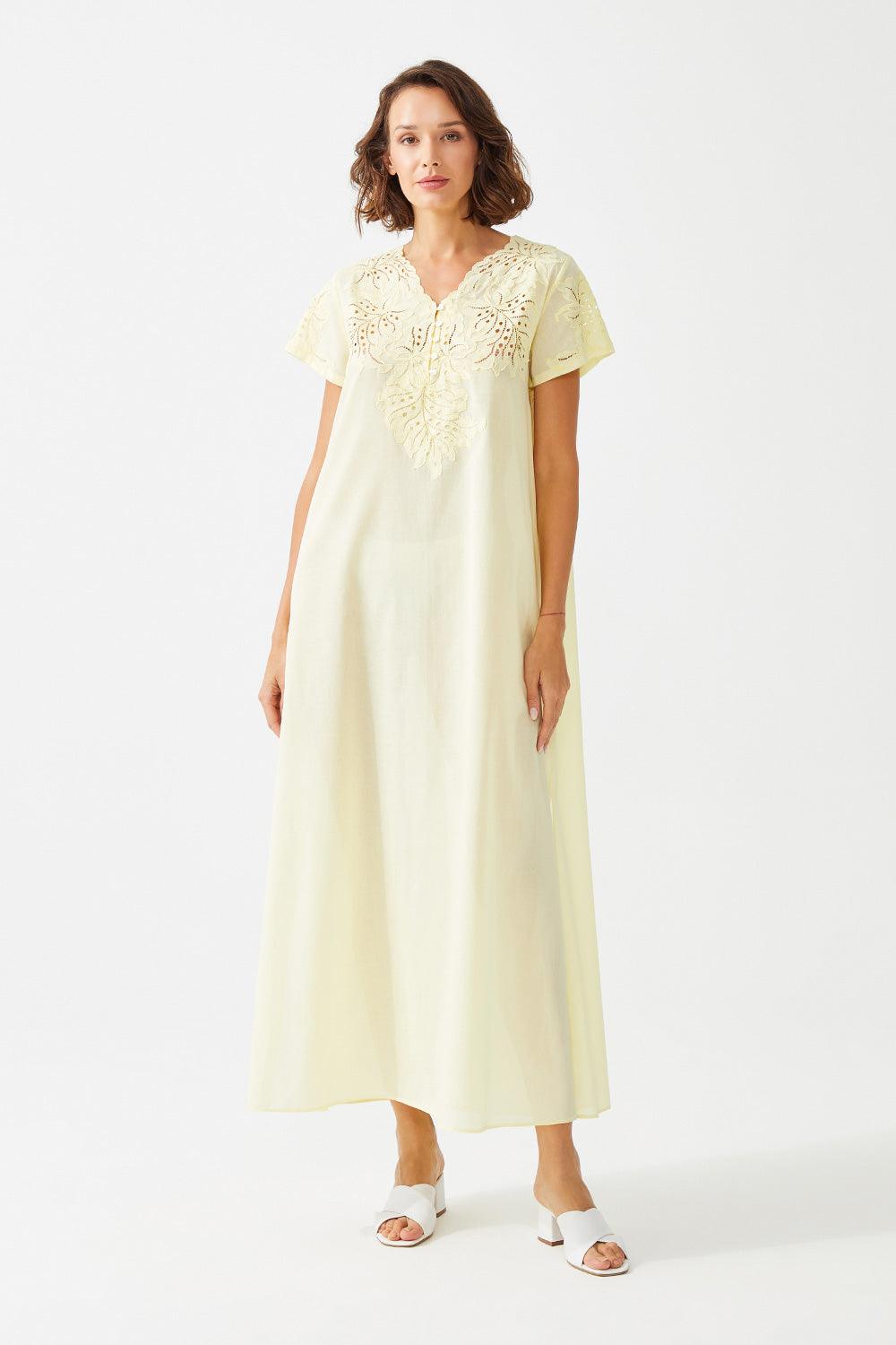 Freesia Long Cotton Voile Trimmed Half Sleeve Dress - Baby Yellow - Bocan