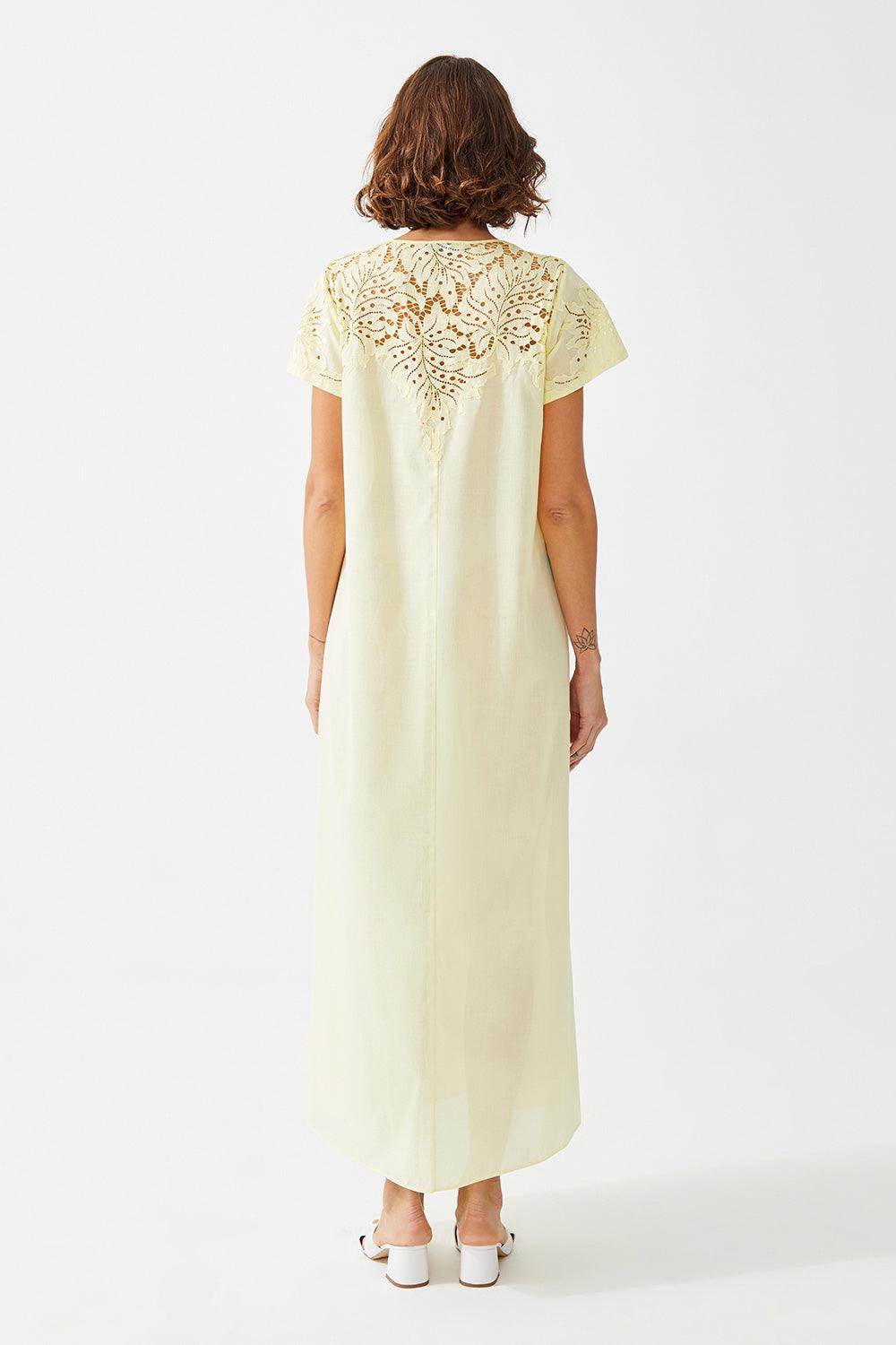 Freesia Long Cotton Voile Trimmed Half Sleeve Dress - Baby Yellow - Bocan