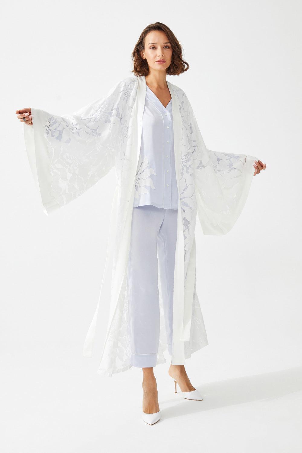 Gaillardia Long Full Trimmed with Lace Robe Set - Ice Blue - Bocan