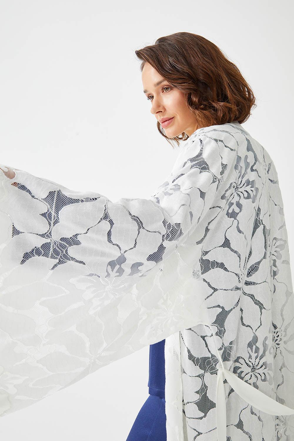 Gaura Long Full Trimmed with Lace Robe Set - Off White - Bocan