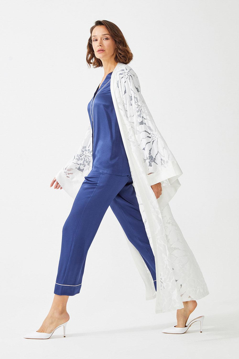 Gaura Long Full Trimmed with Lace Robe Set - Off White - Bocan