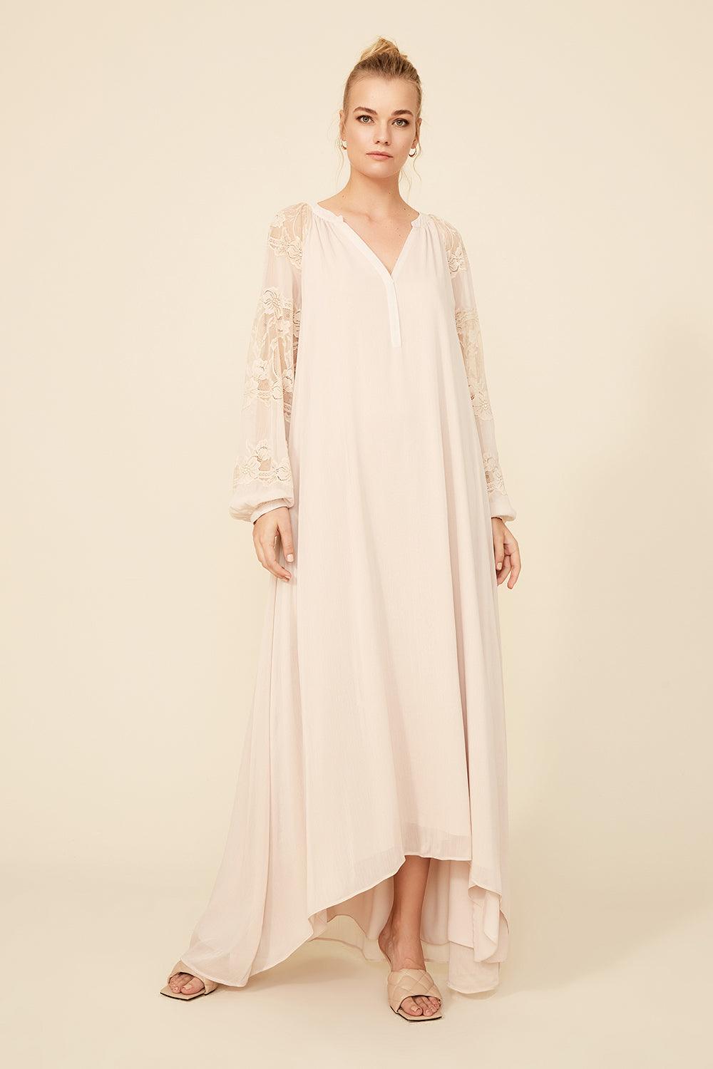 Gilda - Long Silk Chiffon Buttoned Dress - Sand - Bocan