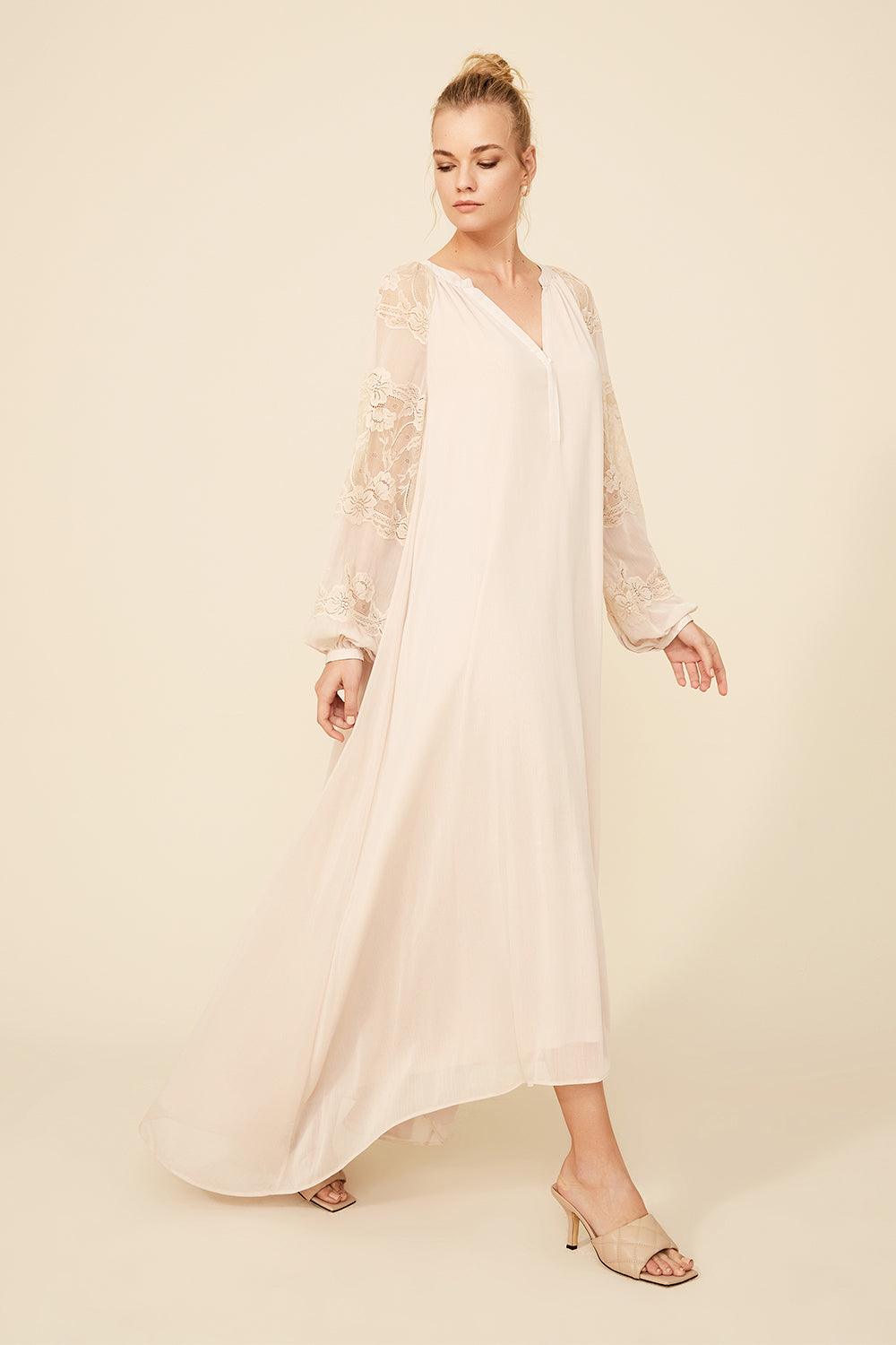 Gilda - Long Silk Chiffon Buttoned Dress - Sand - Bocan