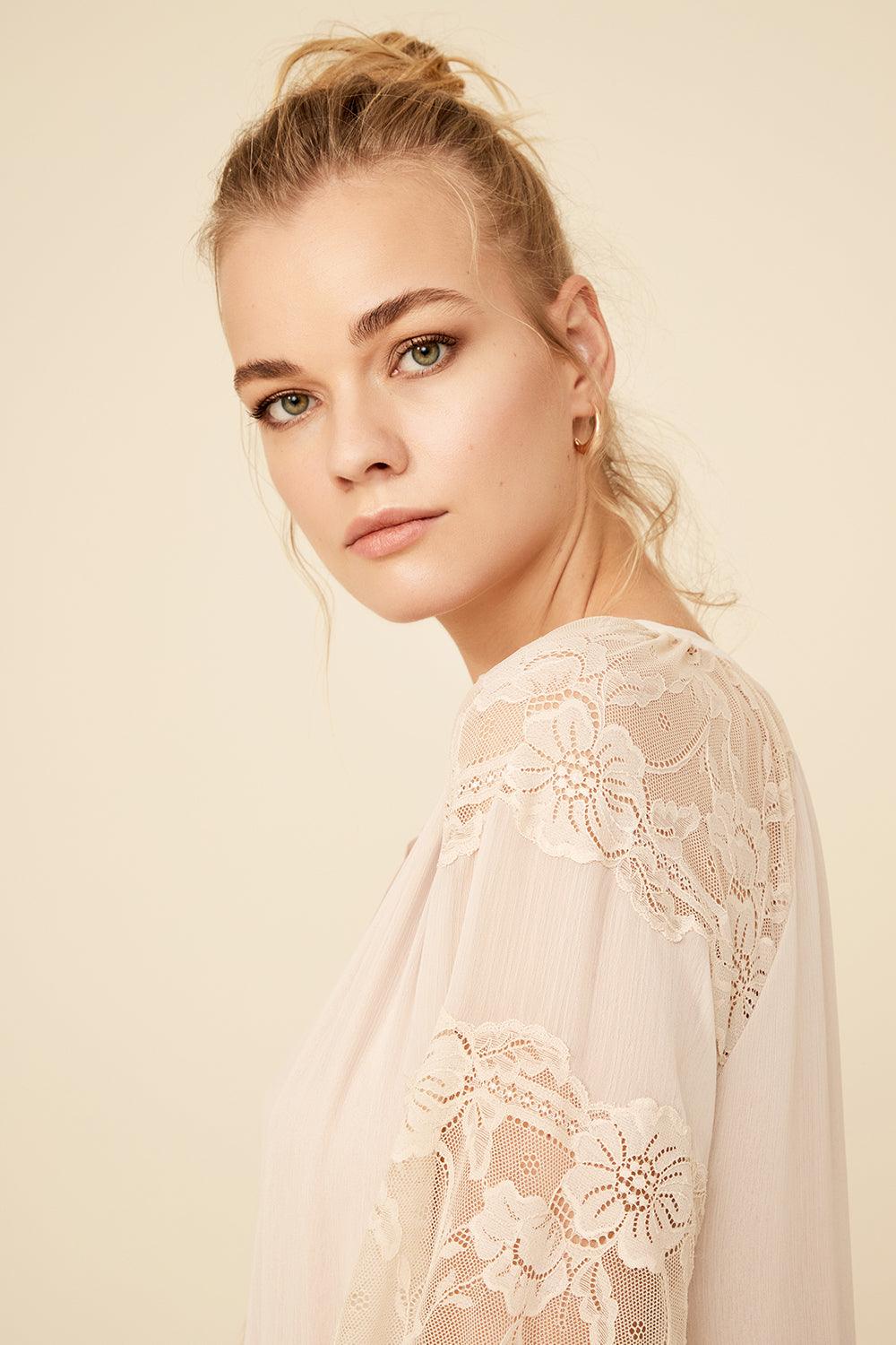 Gilda - Long Silk Chiffon Buttoned Dress - Sand - Bocan