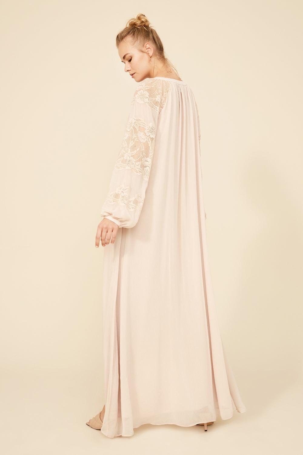 Gilda - Long Silk Chiffon Buttoned Dress - Sand - Bocan