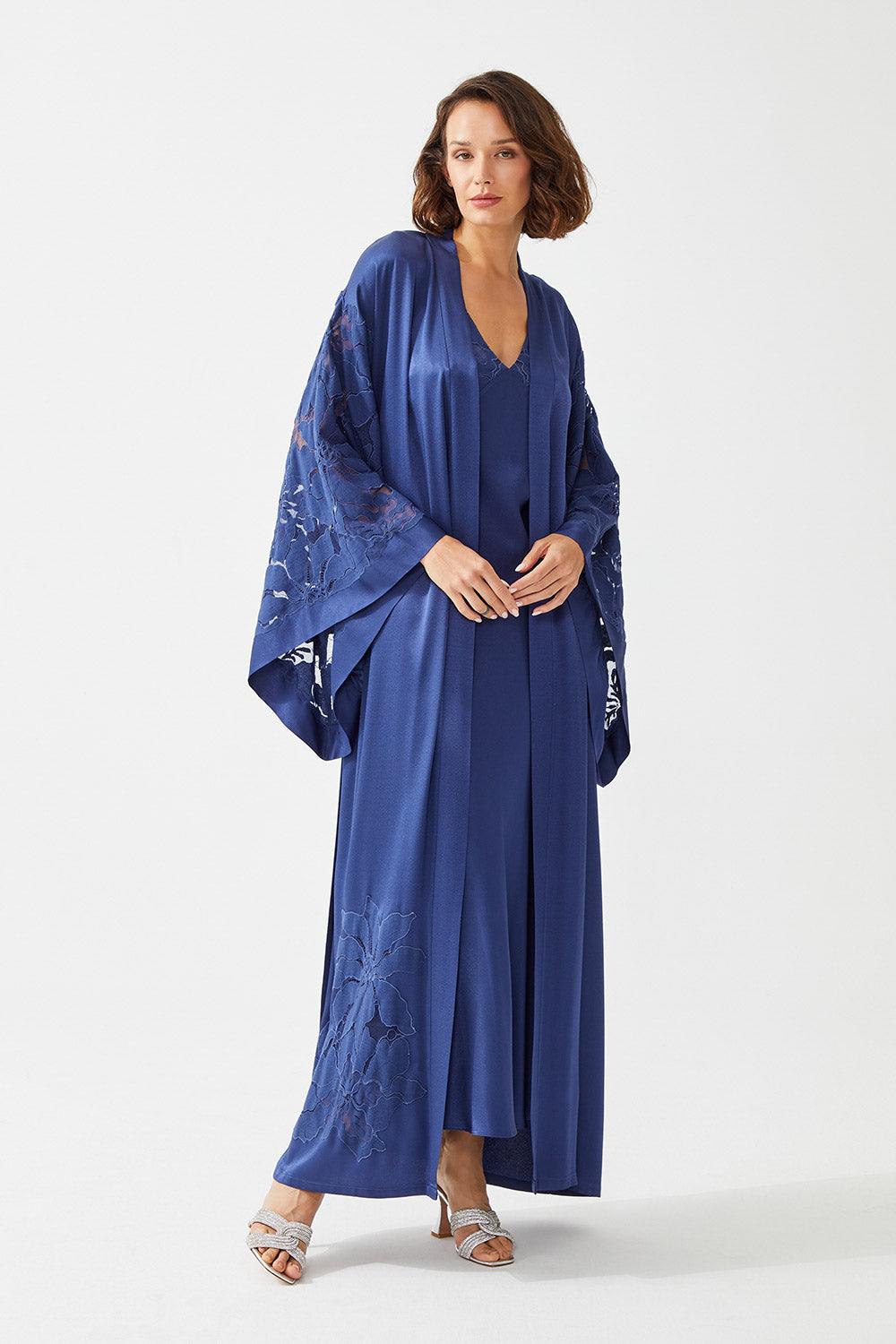 Glory Long Rayon Trimmed with Lace Robe Set - Navy Blue - Bocan