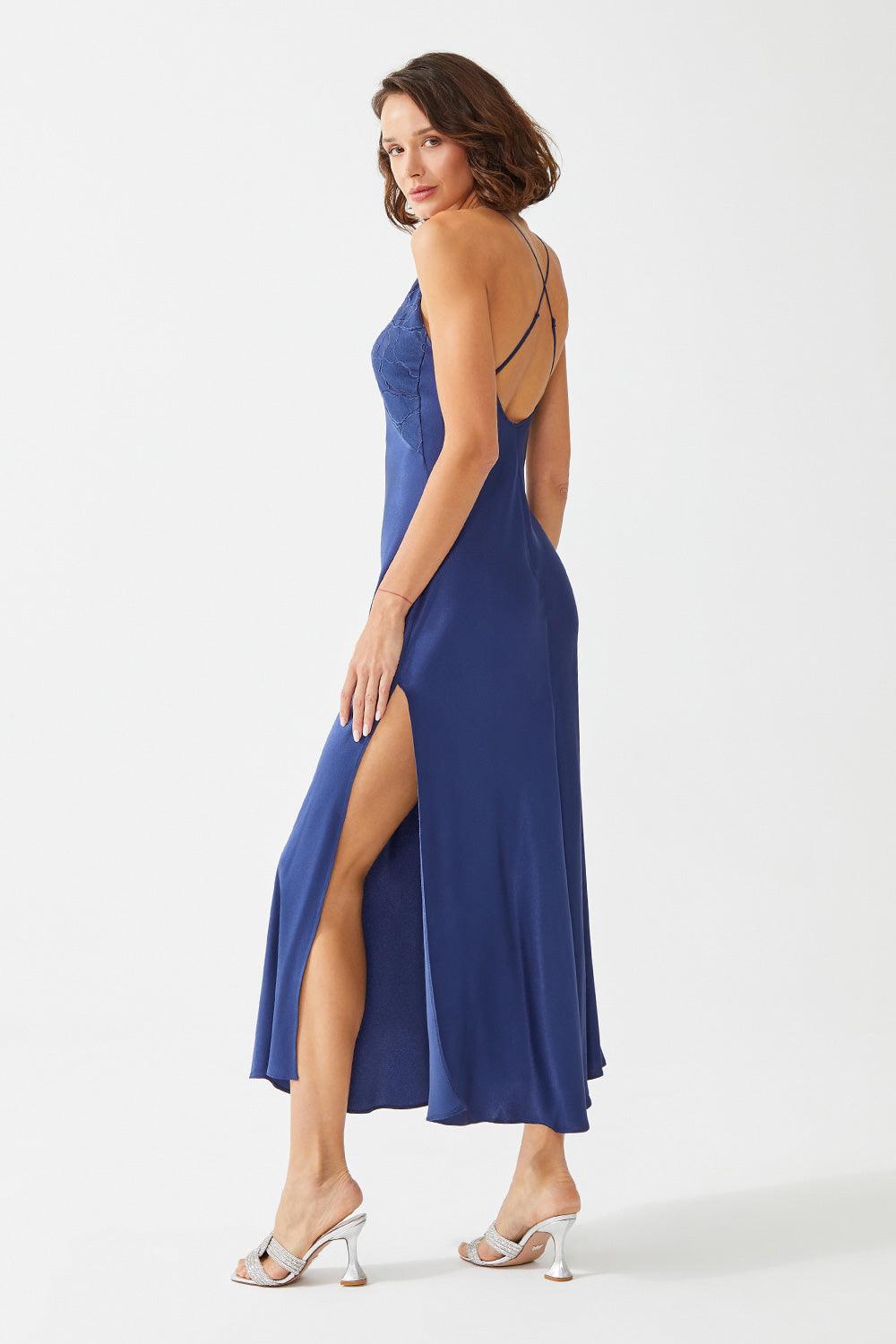 Glory Long Rayon Trimmed with Lace Robe Set - Navy Blue - Bocan