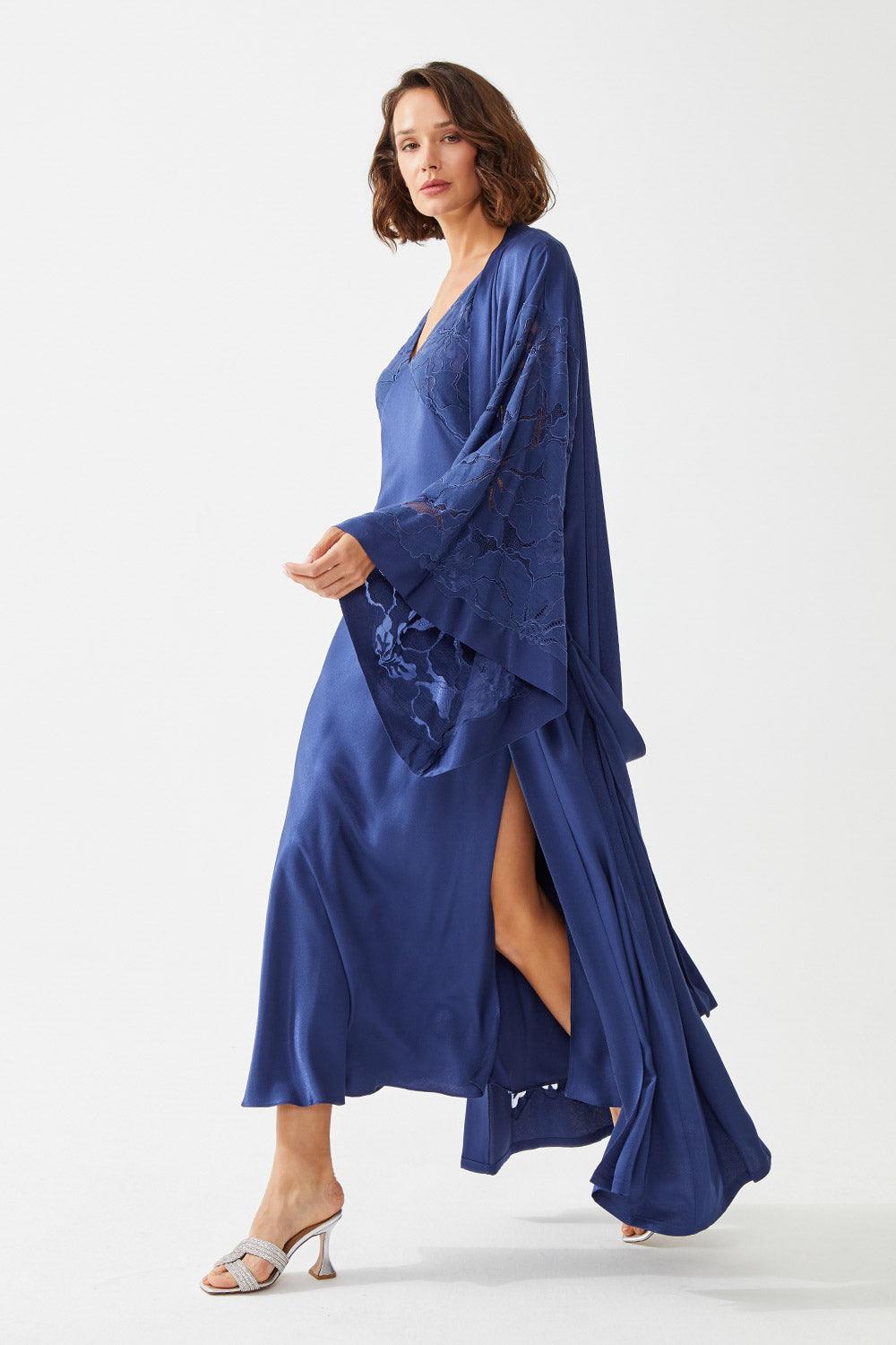 Glory Long Rayon Trimmed with Lace Robe Set - Navy Blue - Bocan