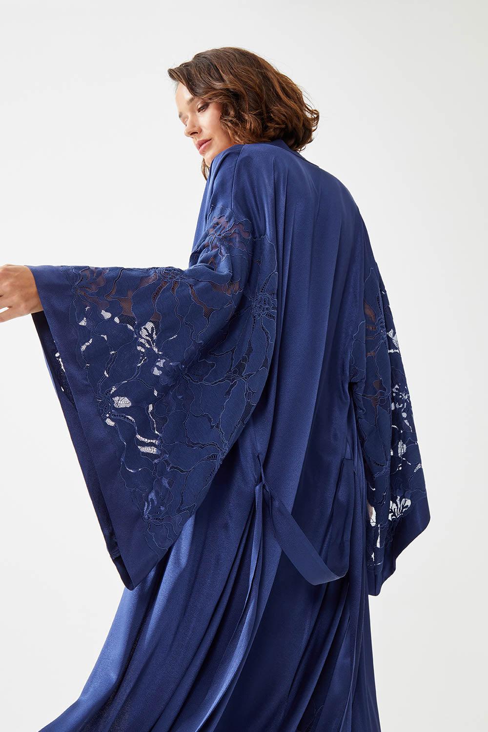 Glory Long Rayon Trimmed with Lace Robe Set - Navy Blue - Bocan