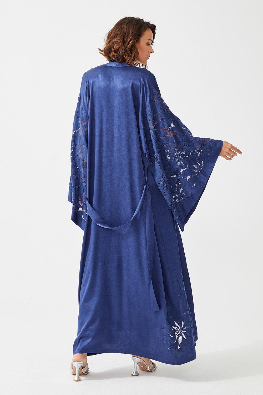 Glory Long Rayon Trimmed with Lace Robe Set - Navy Blue - Bocan