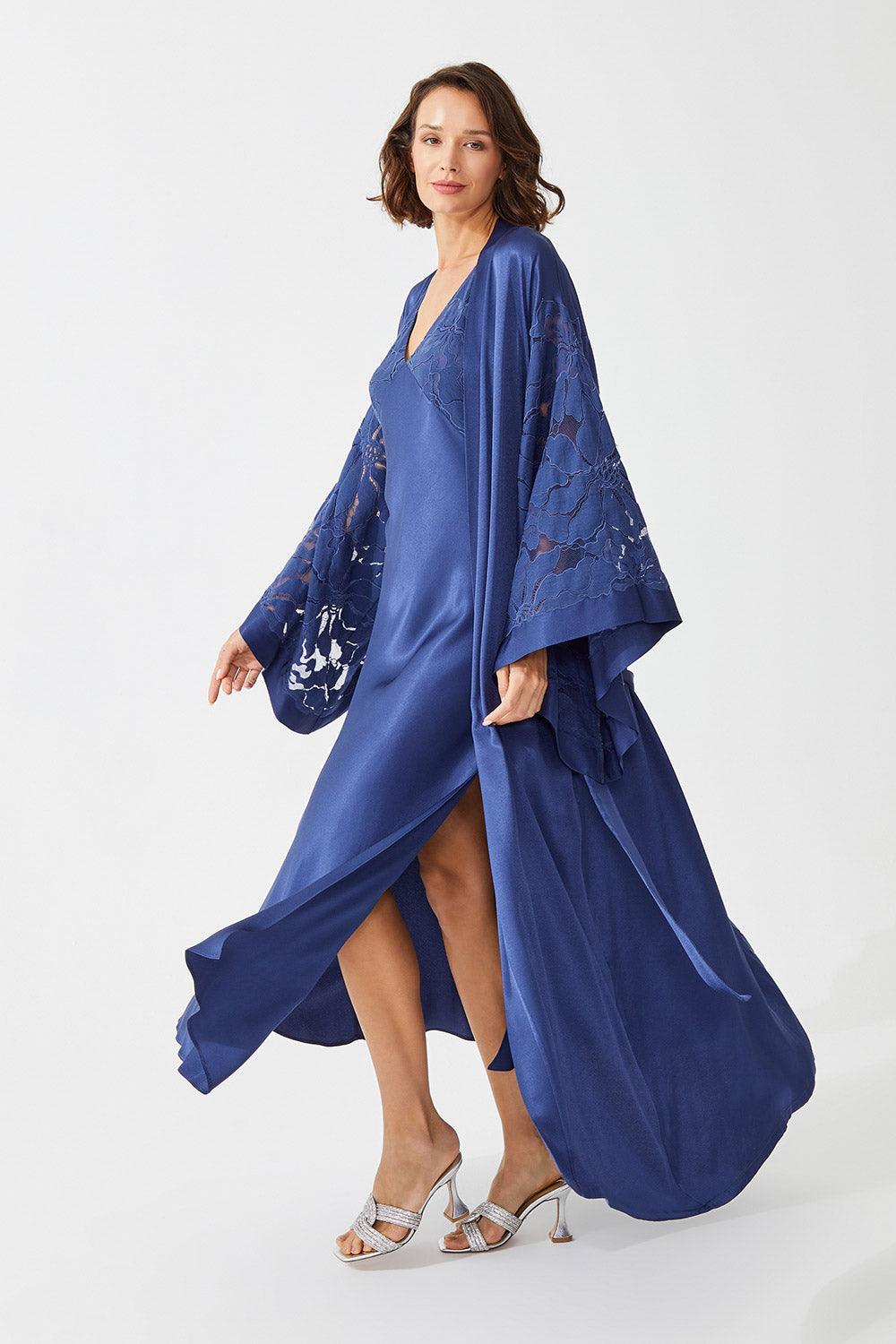 Glory Long Rayon Trimmed with Lace Robe Set - Navy Blue - Bocan
