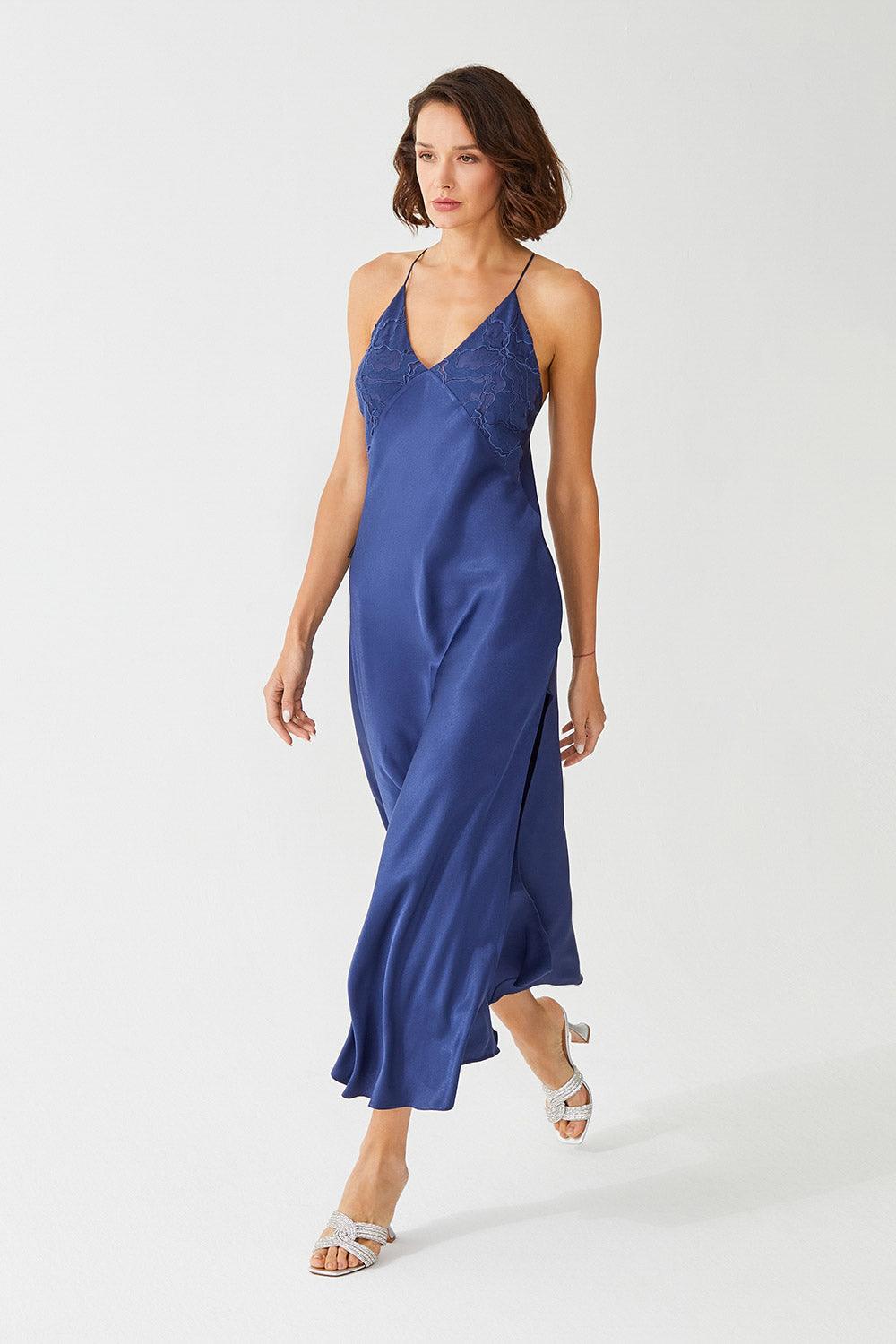 Glory Long Rayon Trimmed with Lace Robe Set - Navy Blue - Bocan
