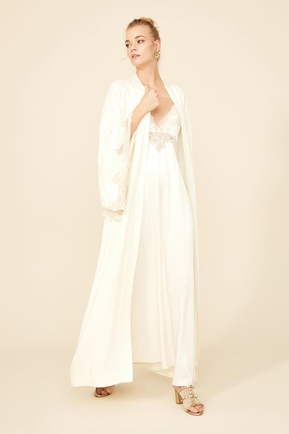 Hermione - Long Rayon Kimono Set - Off White with Gold Lace - Bocan
