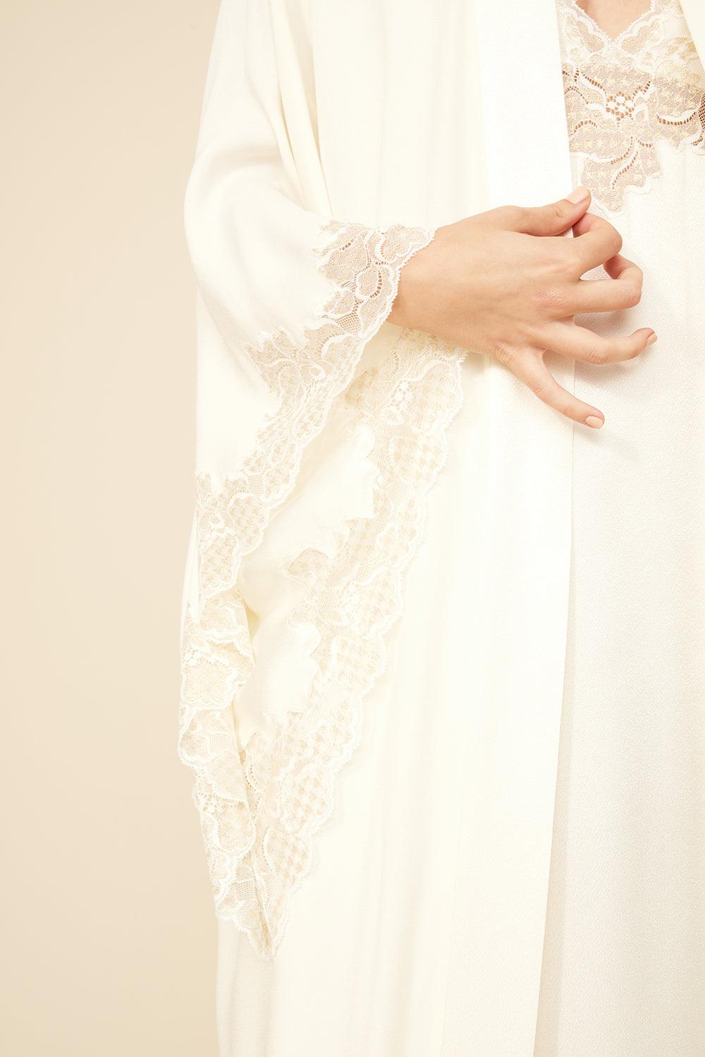 Hermione - Long Rayon Kimono Set - Off White with Gold Lace - Bocan