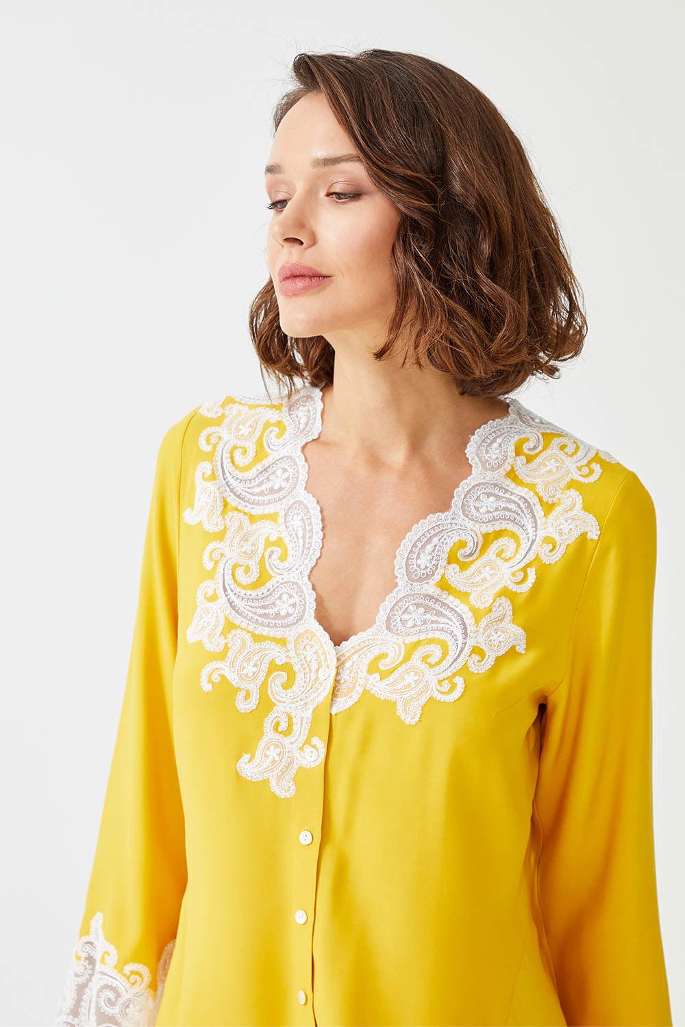 Himawari Trimmed Rayon Full Buttoned Long Sleeve Pyjama Set - Yellow - Bocan