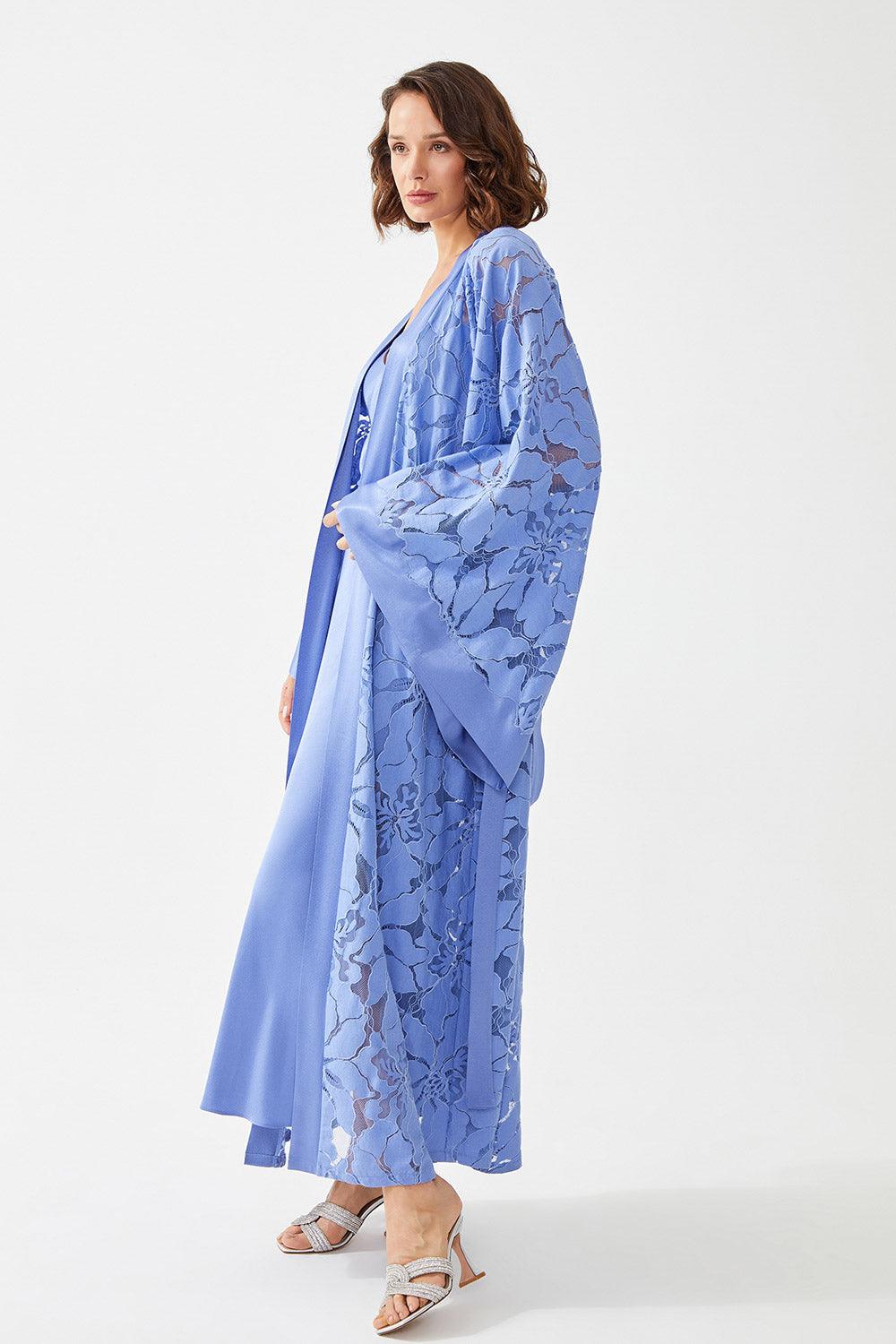 Honesty Long Rayon Full Trimmed with Lace Robe Set -Lilac - Bocan