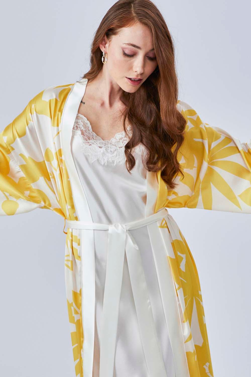 Iliana - Long Silk Sateen Printed Robe Set - Yellow - Bocan