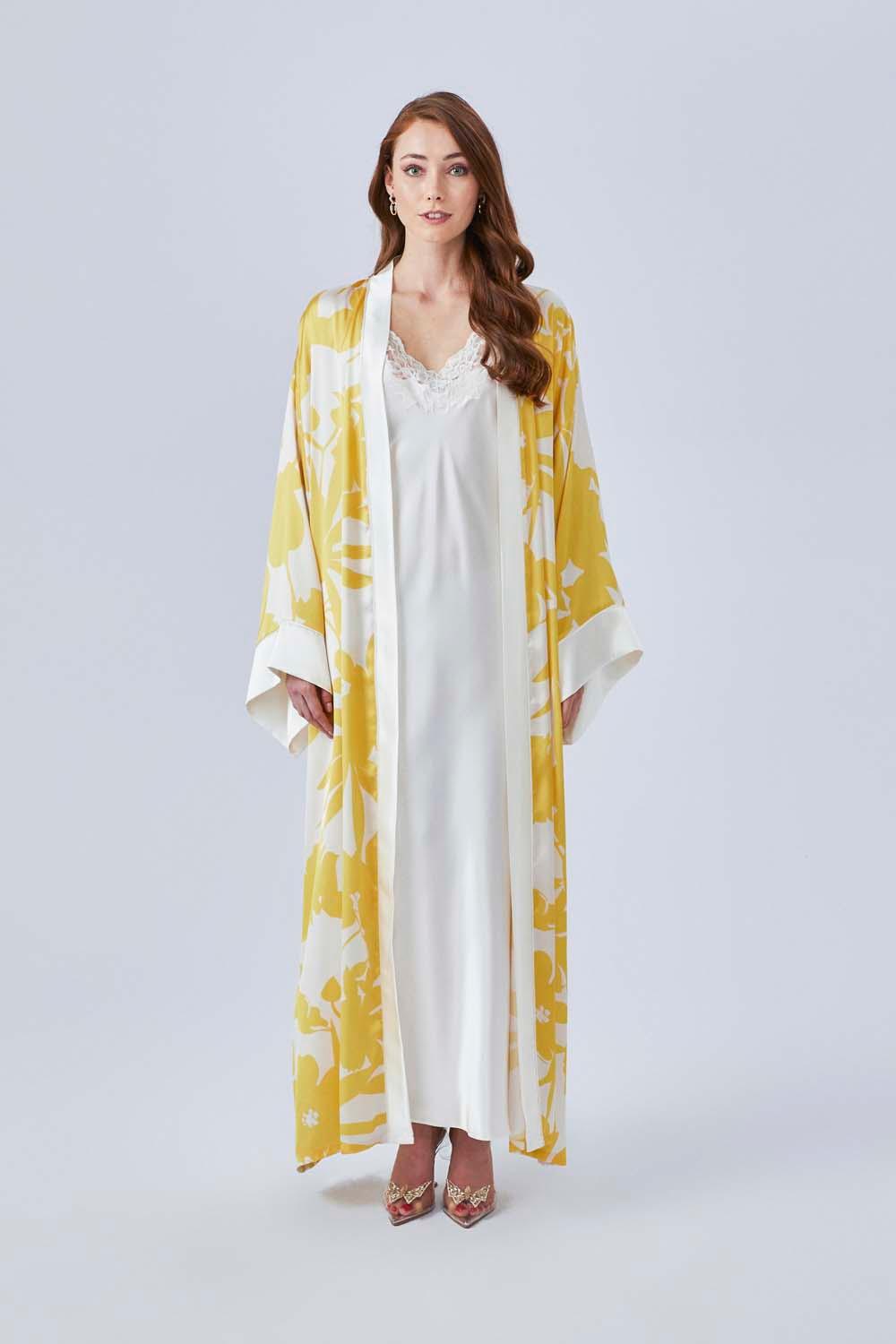 Iliana - Long Silk Sateen Printed Robe Set - Yellow - Bocan