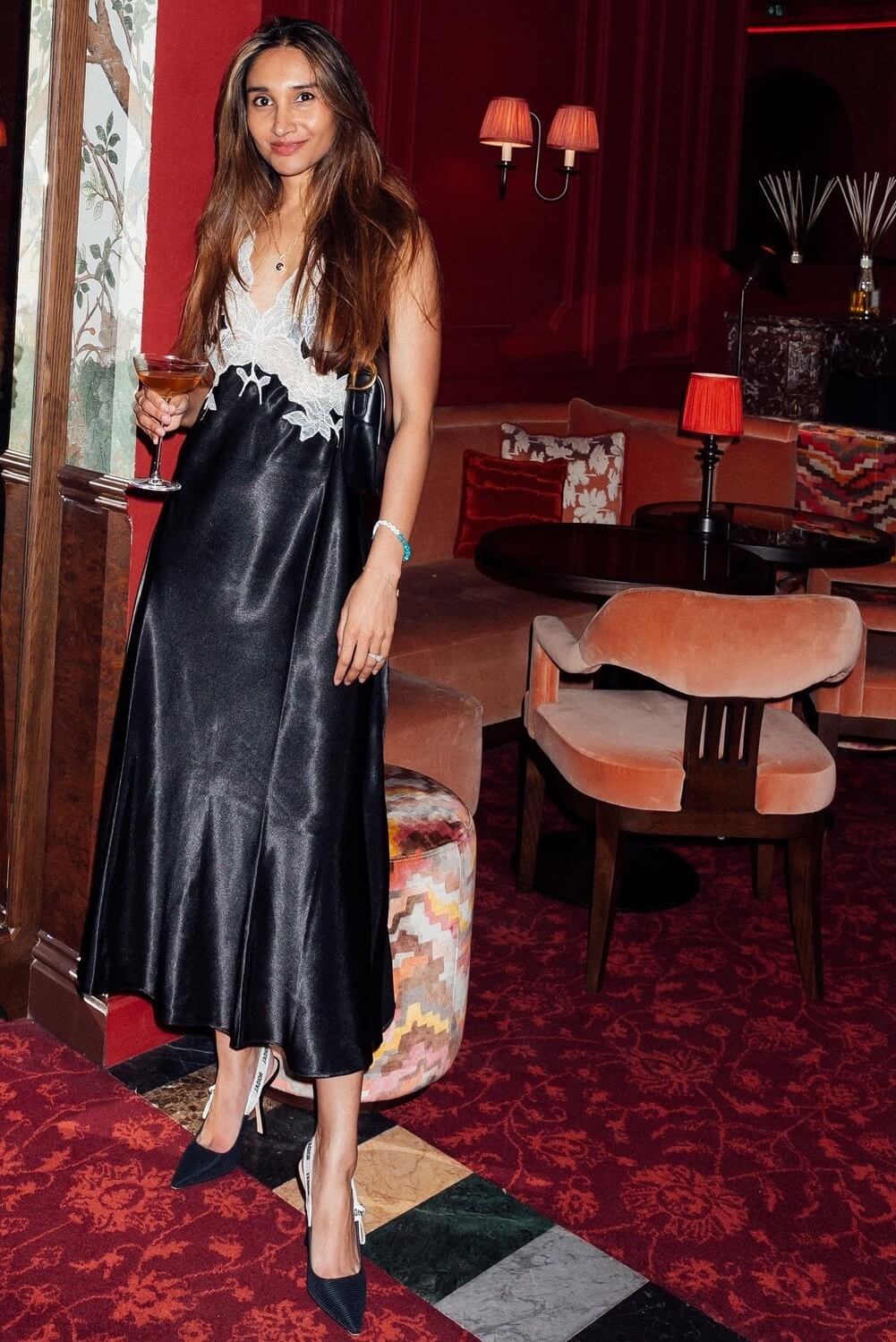 Melanie - Long Silk Satin Trimmed Nightie - Black with Gold Lace