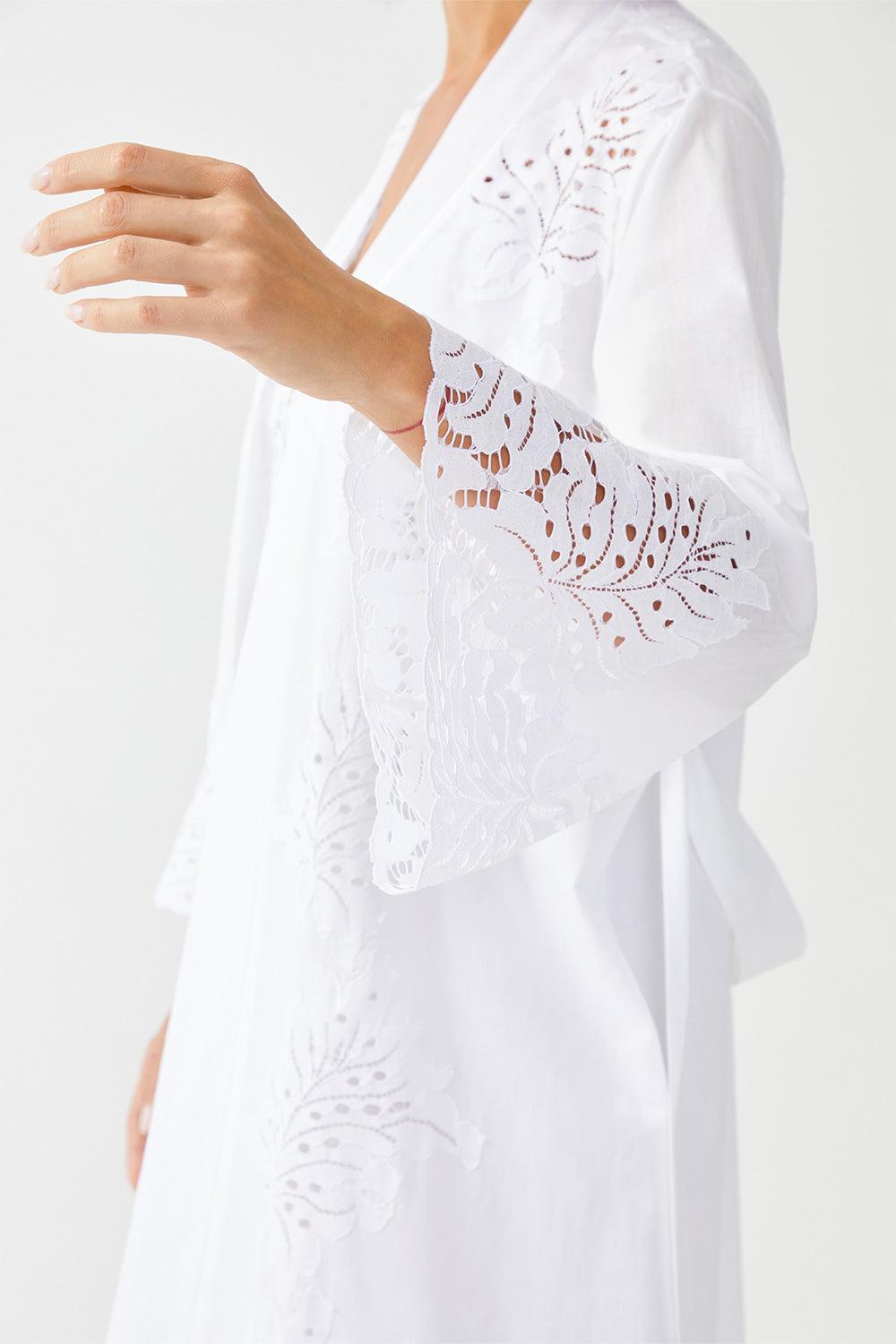 Inka Long Cotton Trimmed Robe Set - Off White - Bocan