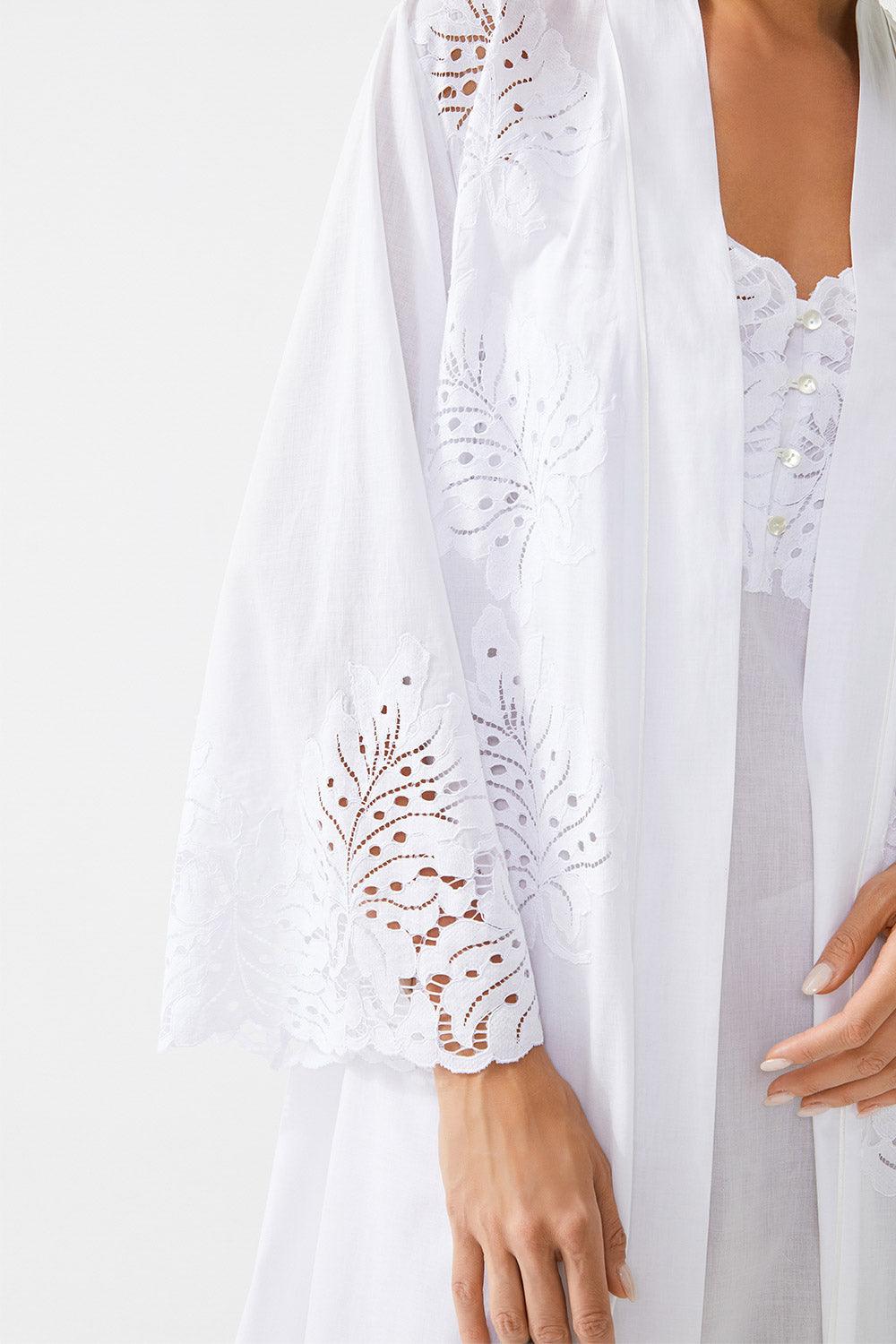 Inka Long Cotton Trimmed Robe Set - Off White - Bocan