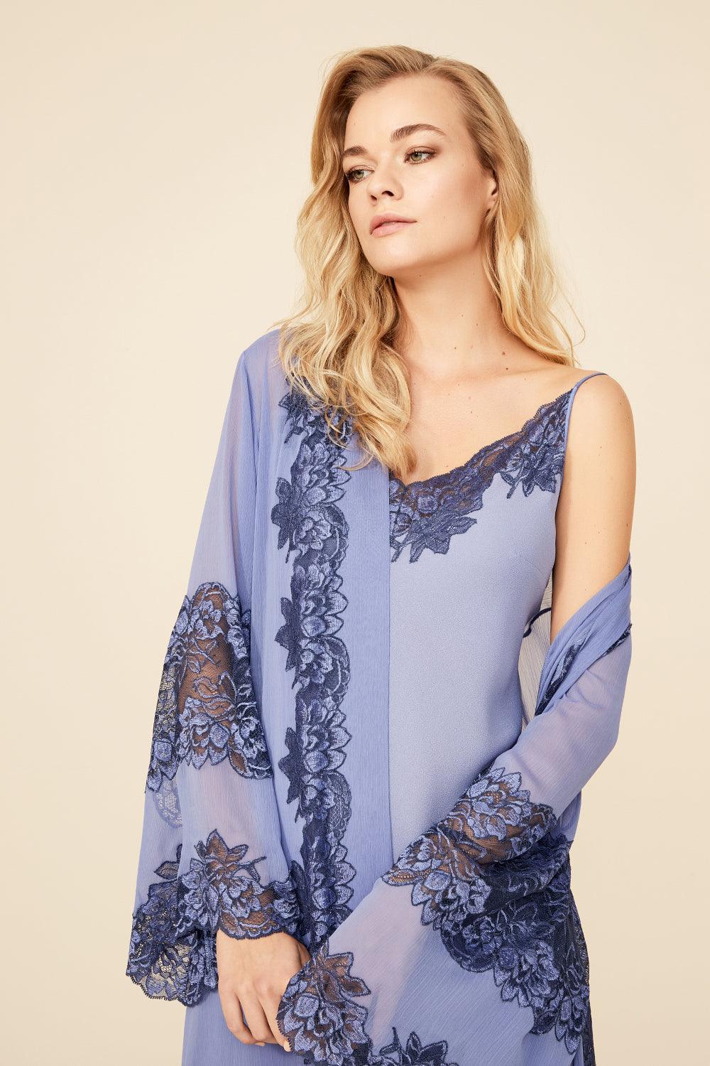 Iris - Long Silk Chiffon Robe Set with Strapped Inner Nightie - Lilac - Bocan