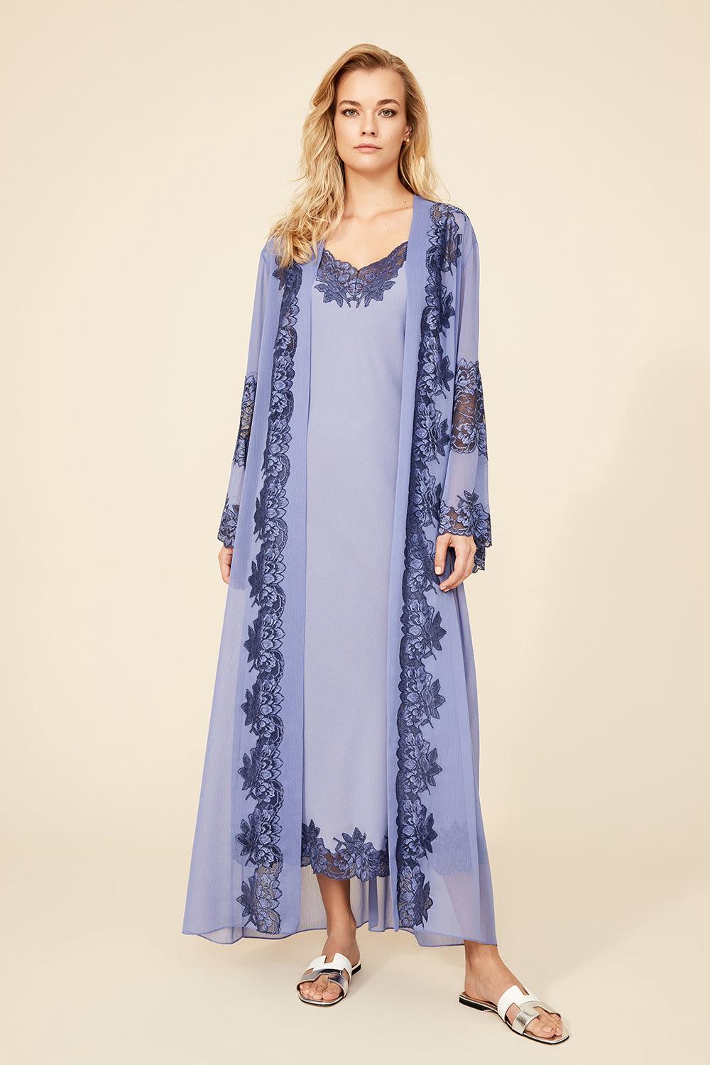 Iris - Long Silk Chiffon Robe Set with Strapped Inner Nightie - Lilac - Bocan
