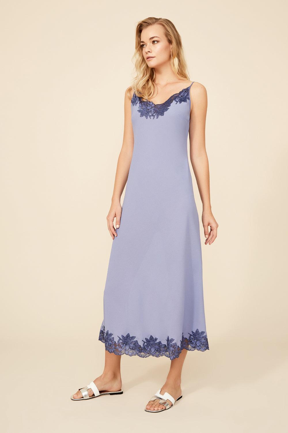 Ivy- Long Silk Crepe Nightie with Straps - Lilac - Bocan