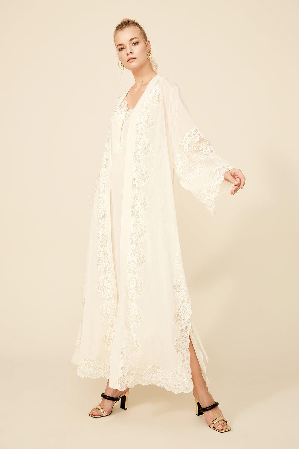 Jamila - Long Silk Chiffon Robe Set with Buttoned Inner Nightie - Bocan