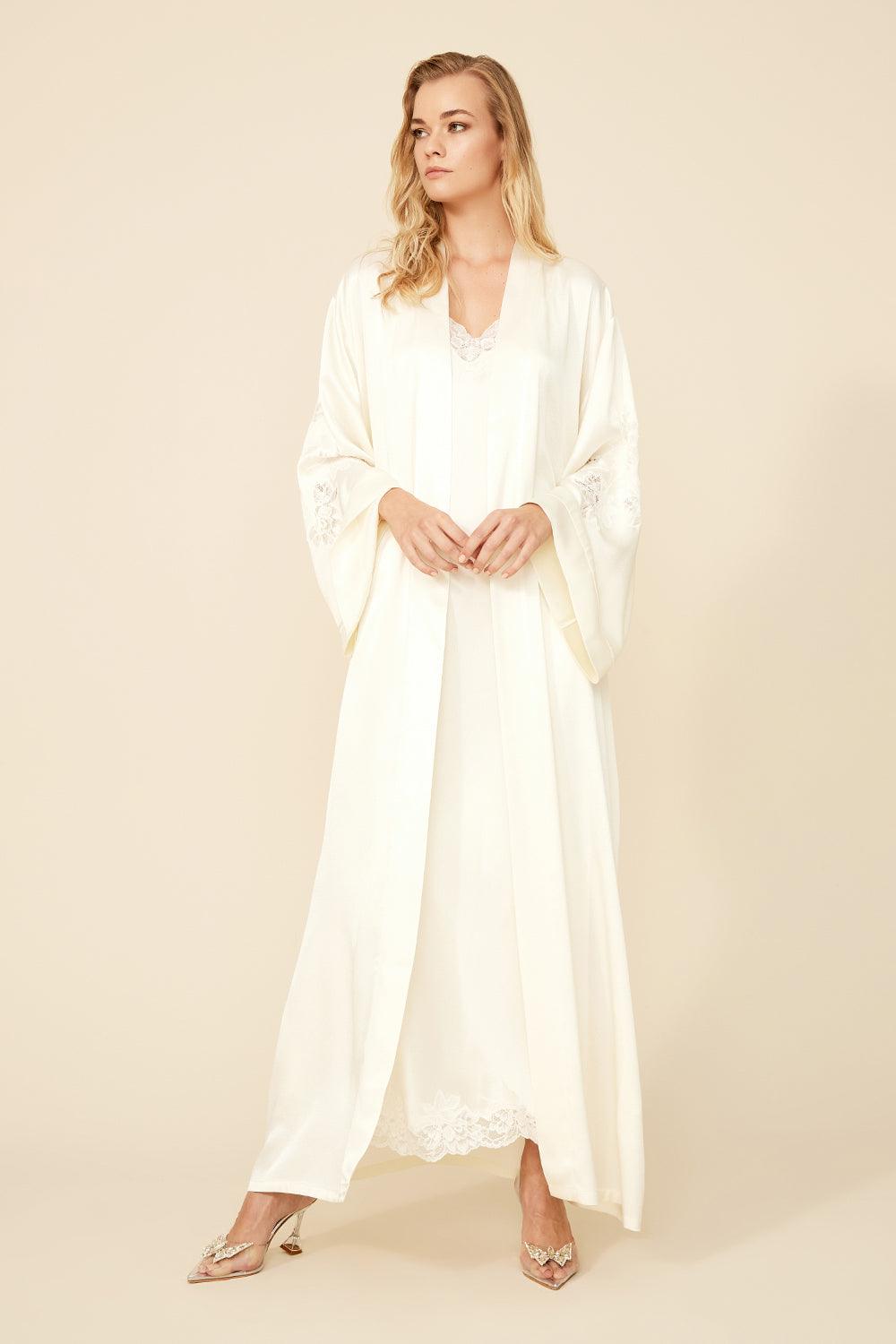 Jasmine - Long Rayon Robe Set - Off White - Bocan