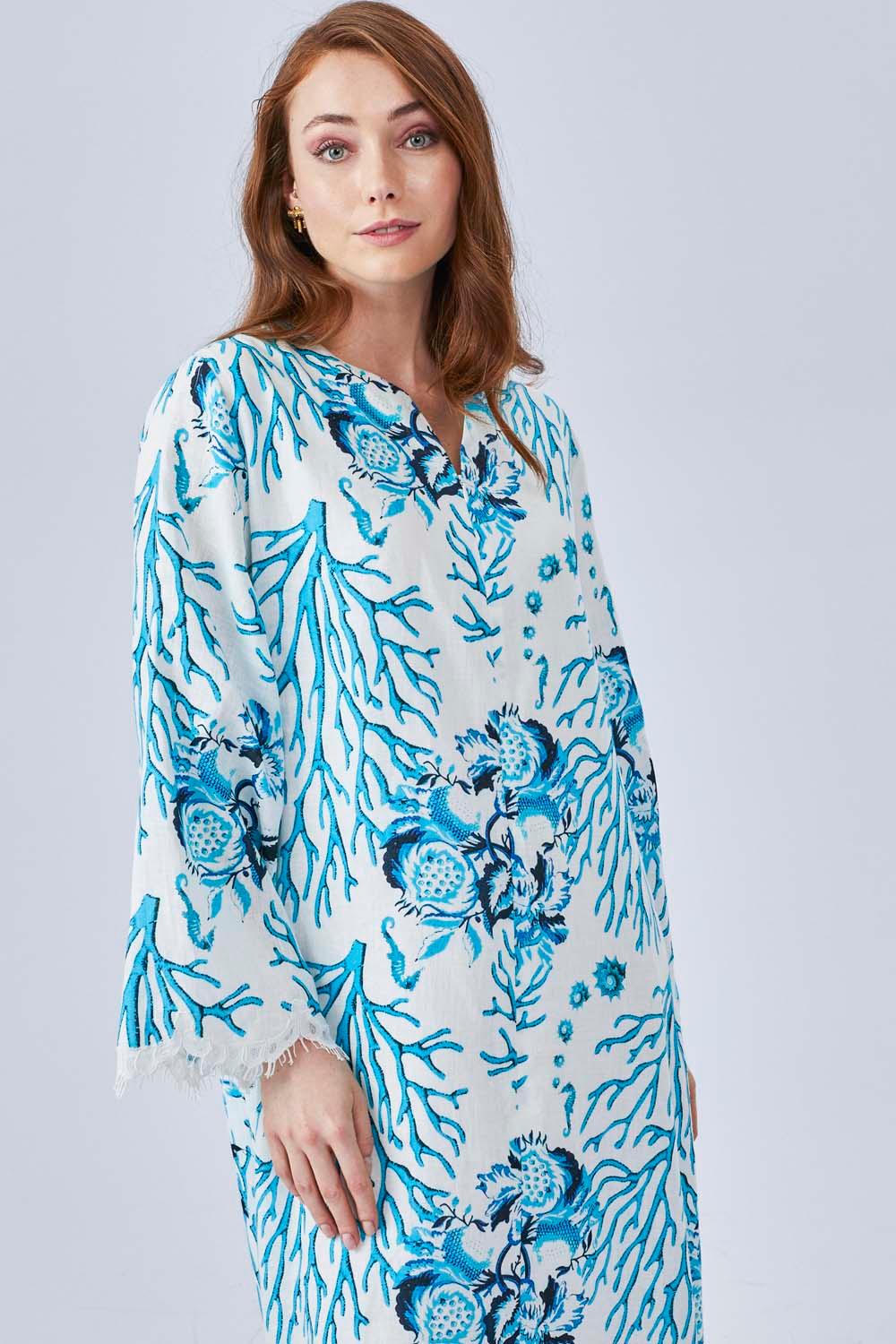 Kai - Printed Linen Long Trimmed Dress - Turquiose - Bocan