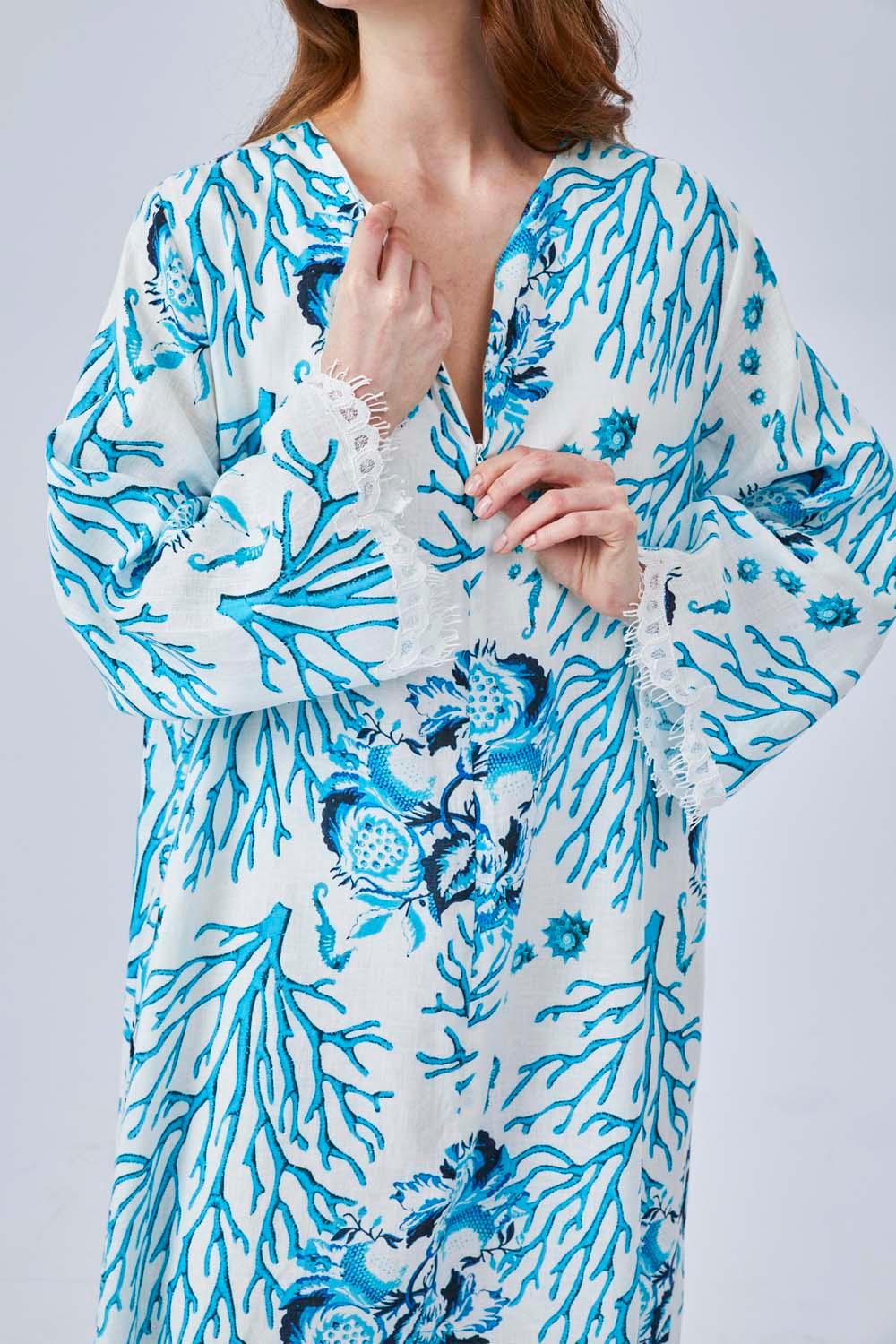 Kai - Printed Linen Long Trimmed Dress - Turquiose - Bocan