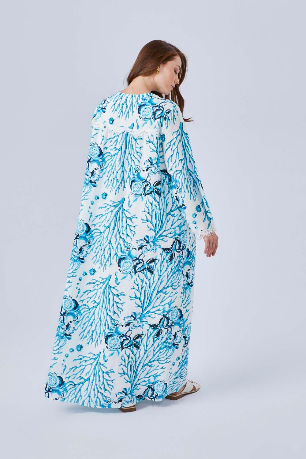 Kai - Printed Linen Long Trimmed Dress - Turquiose - Bocan