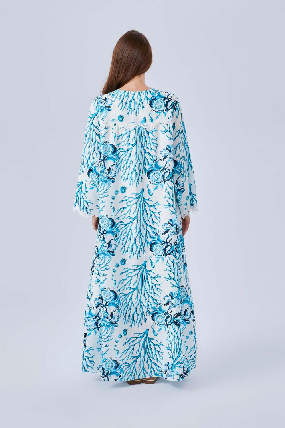 Kai - Printed Linen Long Trimmed Dress - Turquiose - Bocan