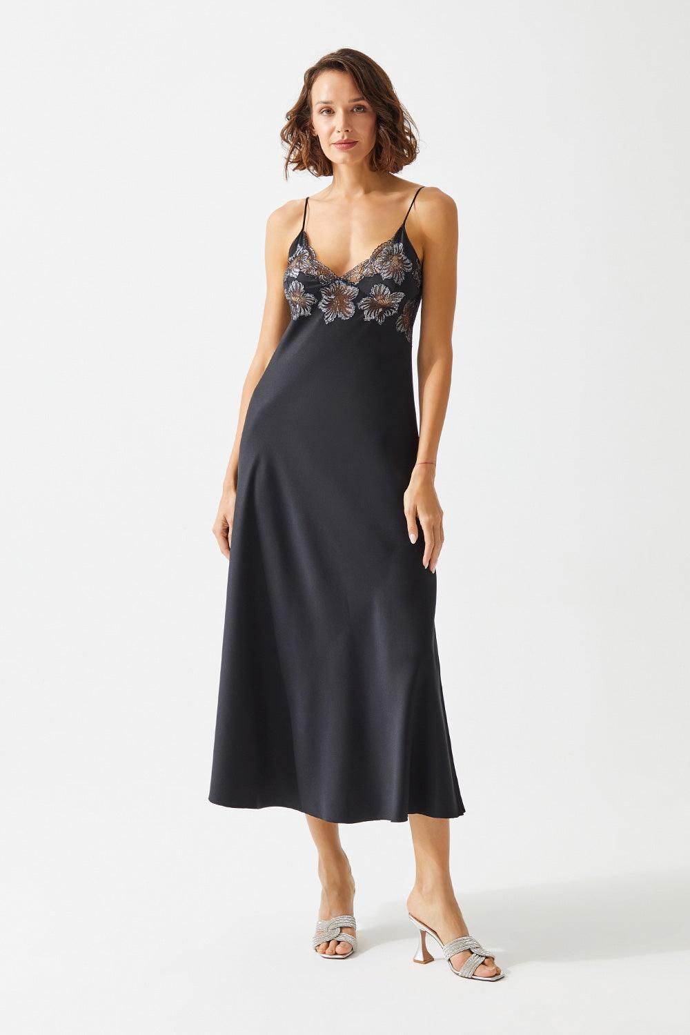 Kali Long Silk Sateen Trimmed with Lace Slip Dress - Black - Bocan