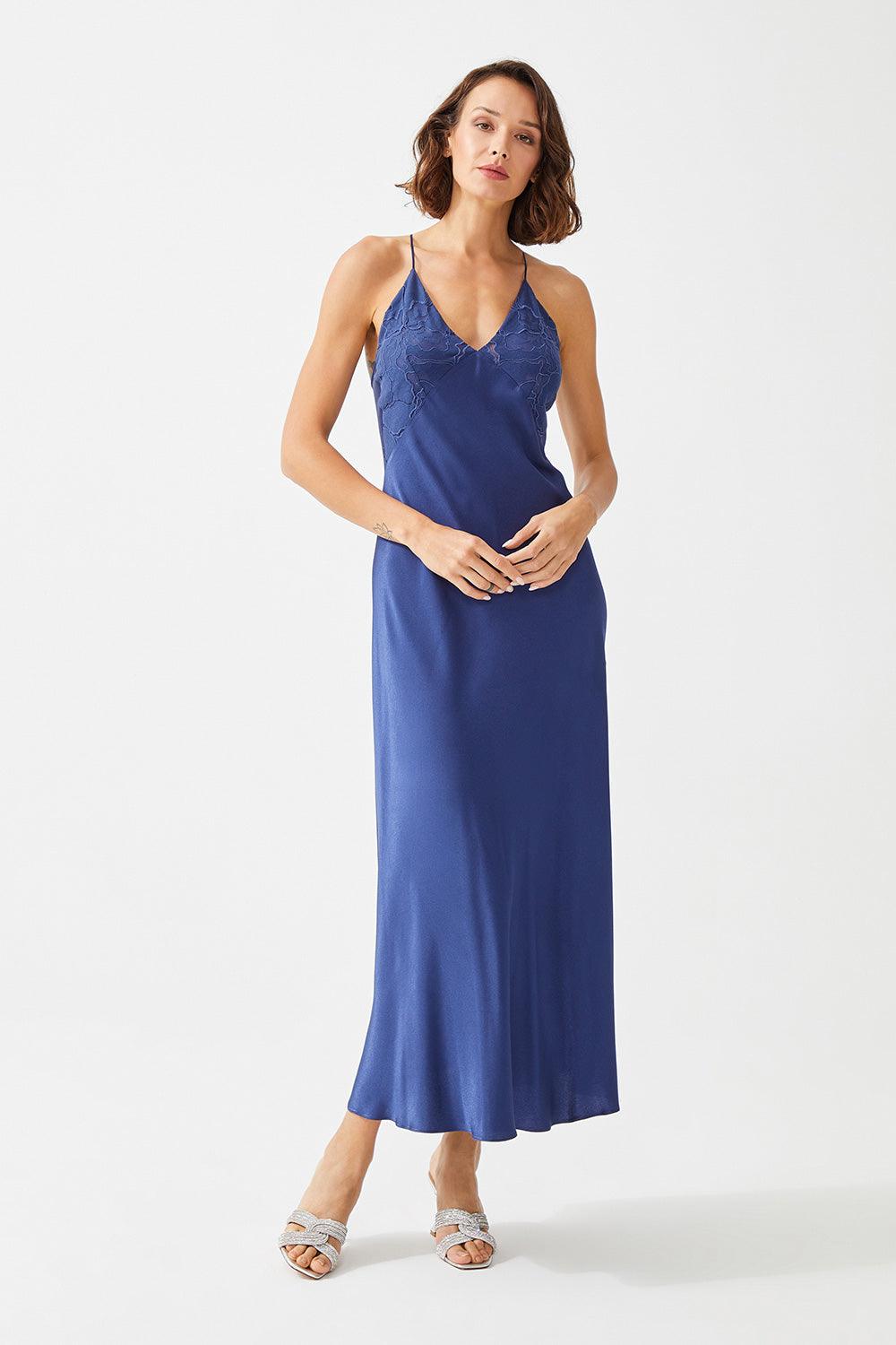 Lapis Long Rayon Trimmed Slip Dress - Navy Blue - Bocan