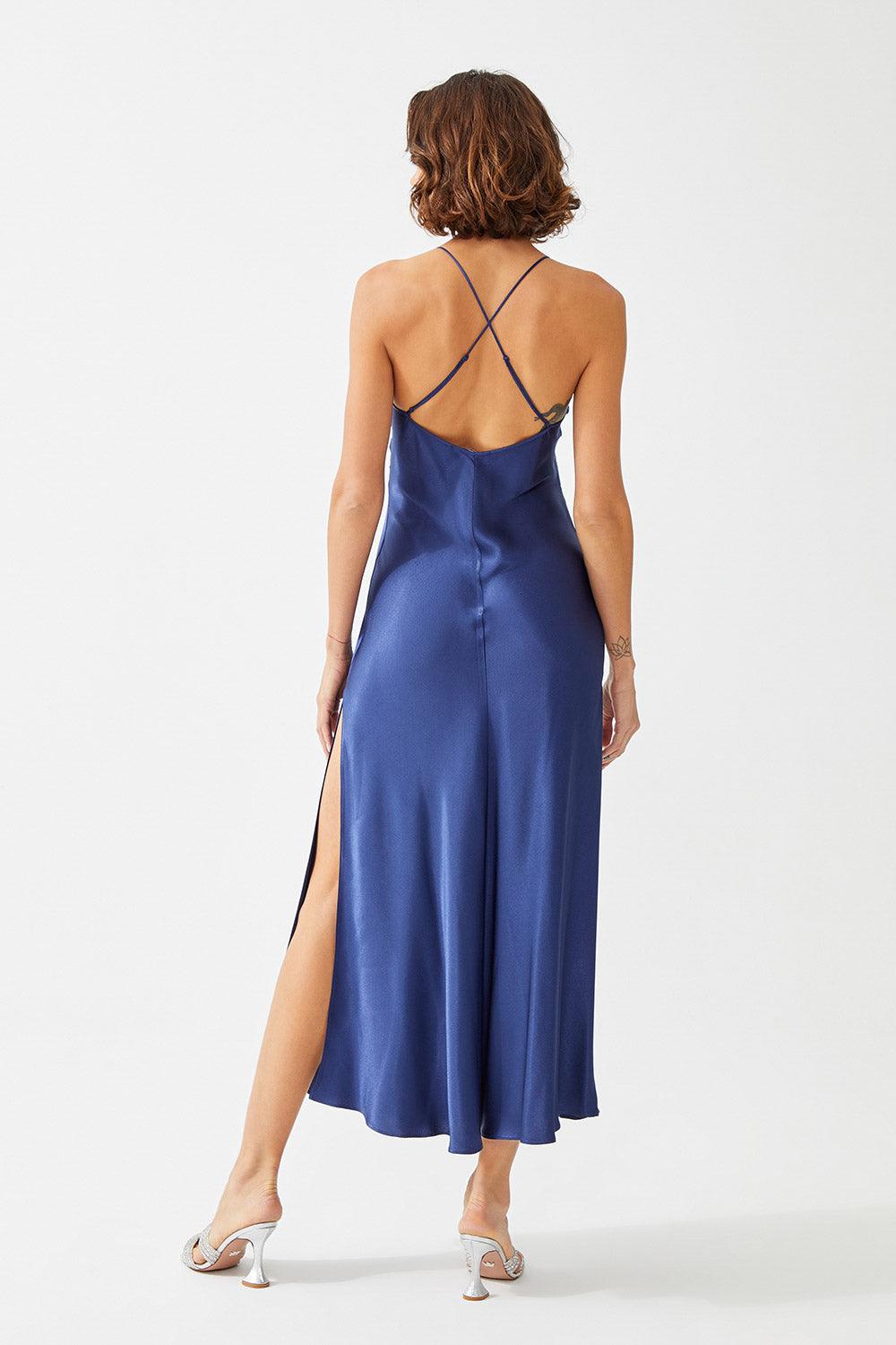 Lapis Long Rayon Trimmed Slip Dress - Navy Blue - Bocan