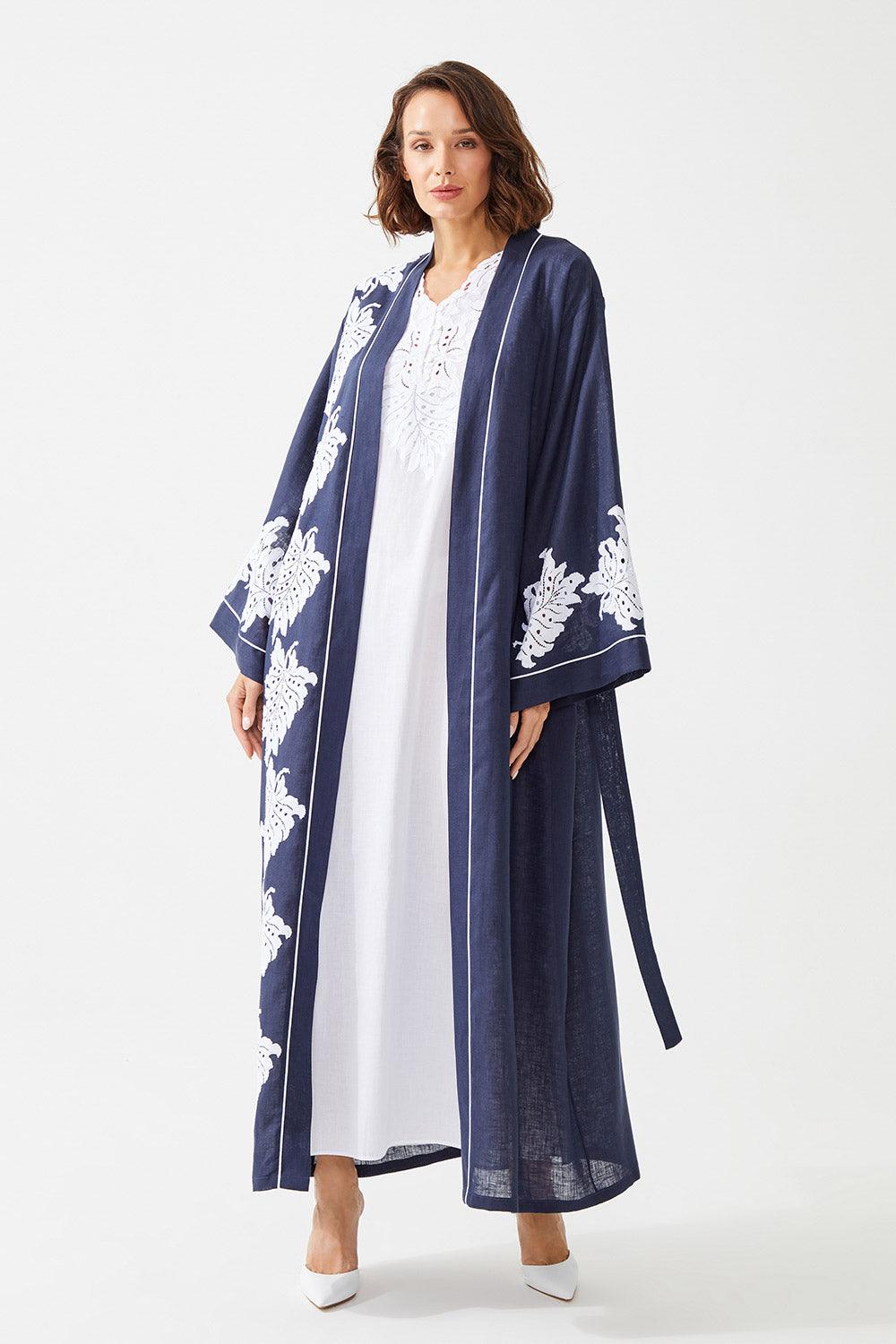 Larkspur Long Linen Embroidered with Lace Kaftan Set - Navy Blue - Bocan