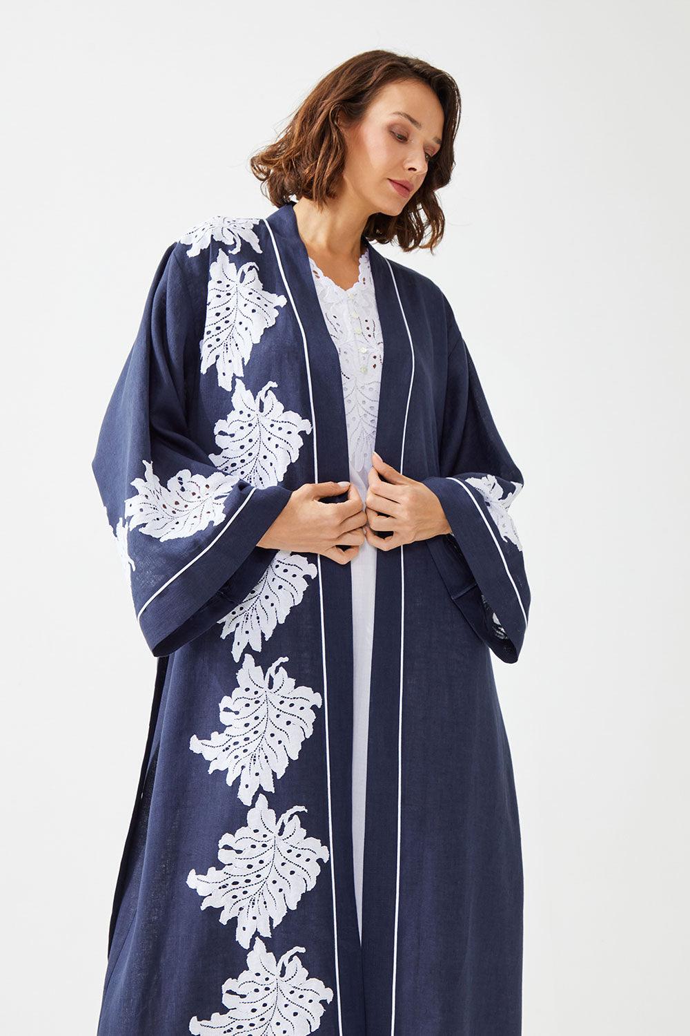 Larkspur Long Linen Embroidered with Lace Kaftan Set - Navy Blue - Bocan