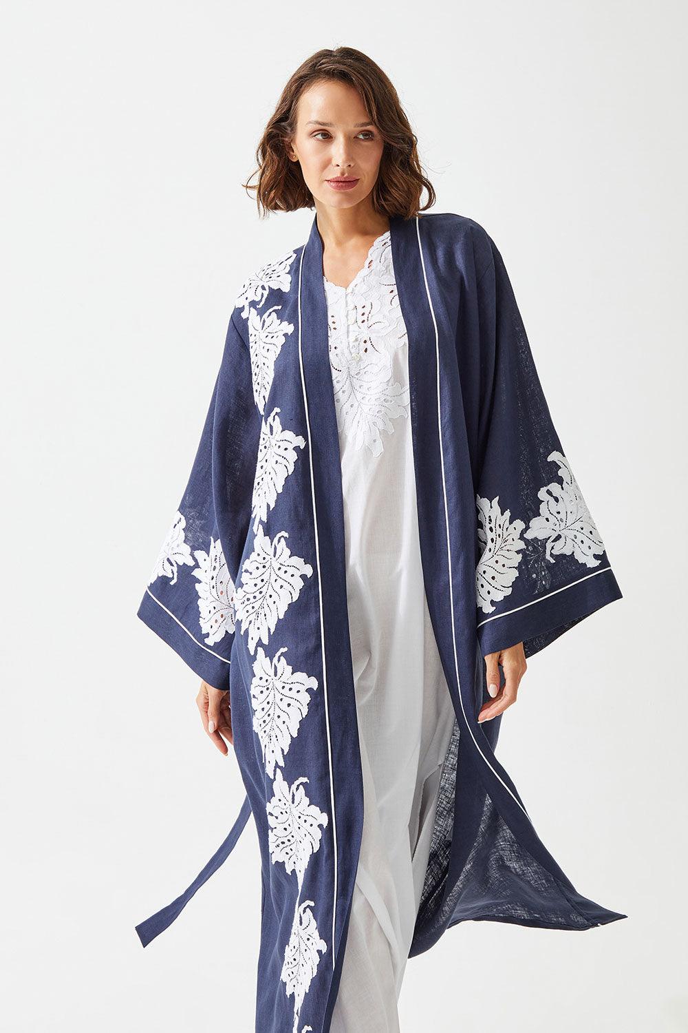 Larkspur Long Linen Embroidered with Lace Kaftan Set - Navy Blue - Bocan