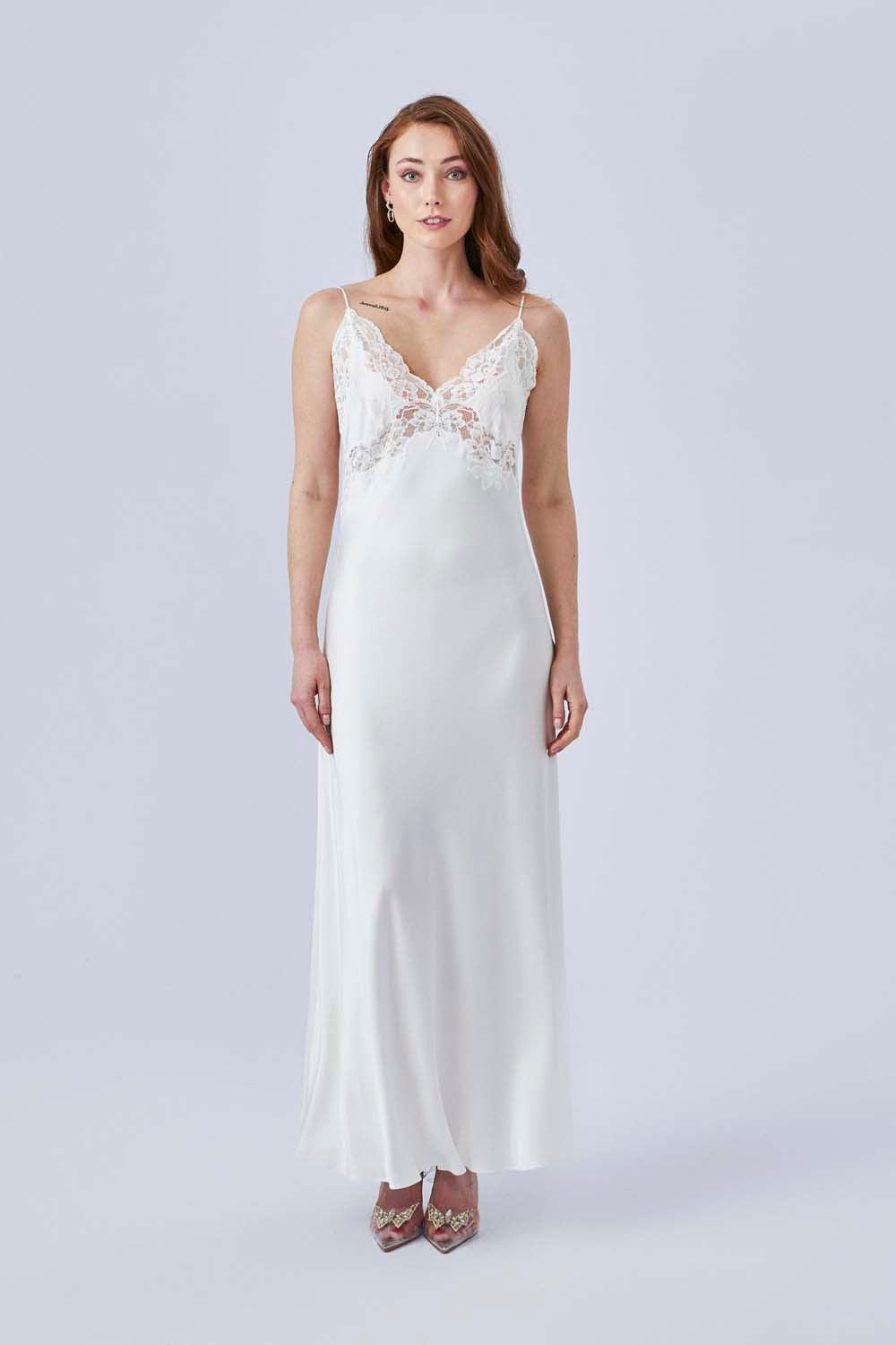 Lea - Long Rayon Strapped Nightgown - Off White - Bocan