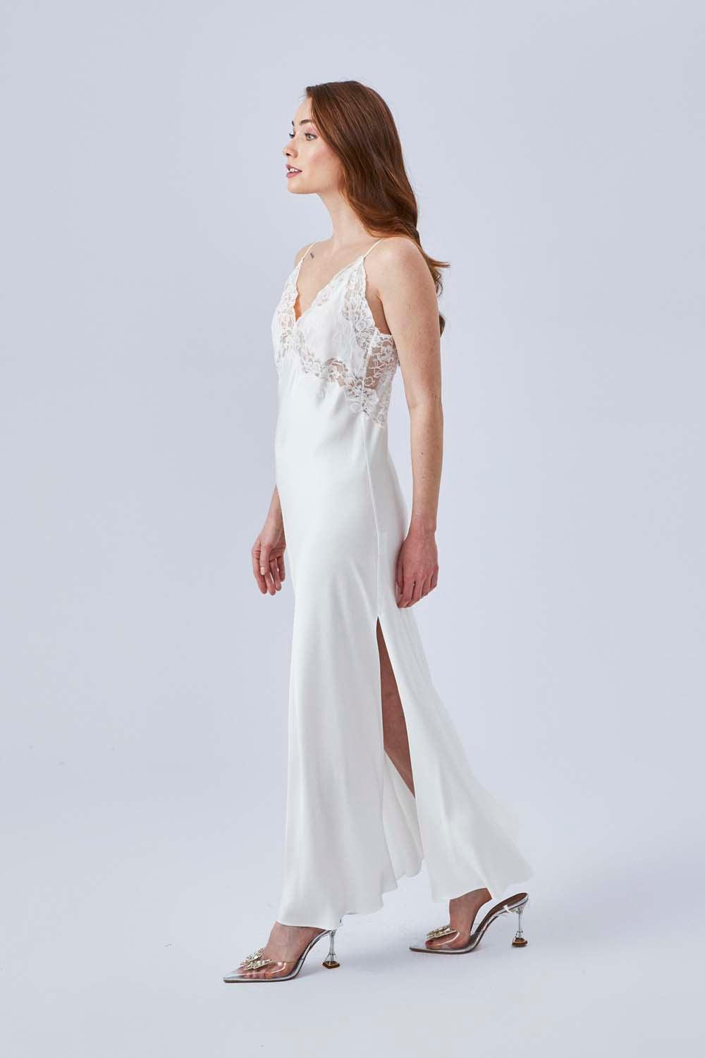 Lea - Long Rayon Strapped Nightgown - Off White - Bocan